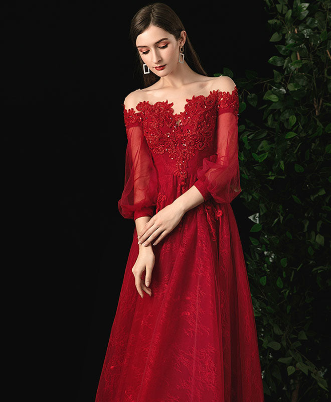 Elegant Burgundy Round Neck Tulle Lace Prom Dress | Formal Evening Gown for Homecoming, Wedding & Special Occasions