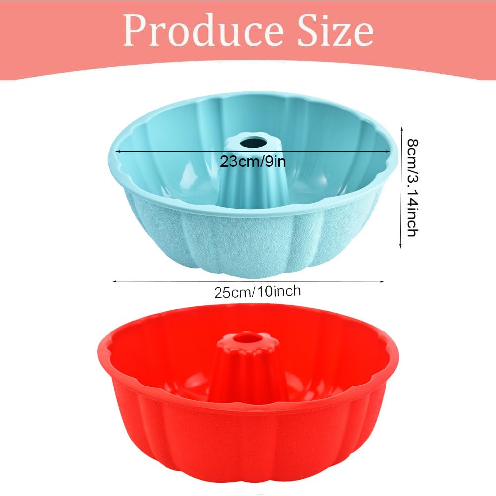 Non-Stick Silicone Bundt Cake Pan Set - 10 Inch Baking Molds for Cakes, Jello, Gelatin (2 Pack, Blue & Red) - Perfect for Birthday Parties, Holiday Desserts & Home Baking