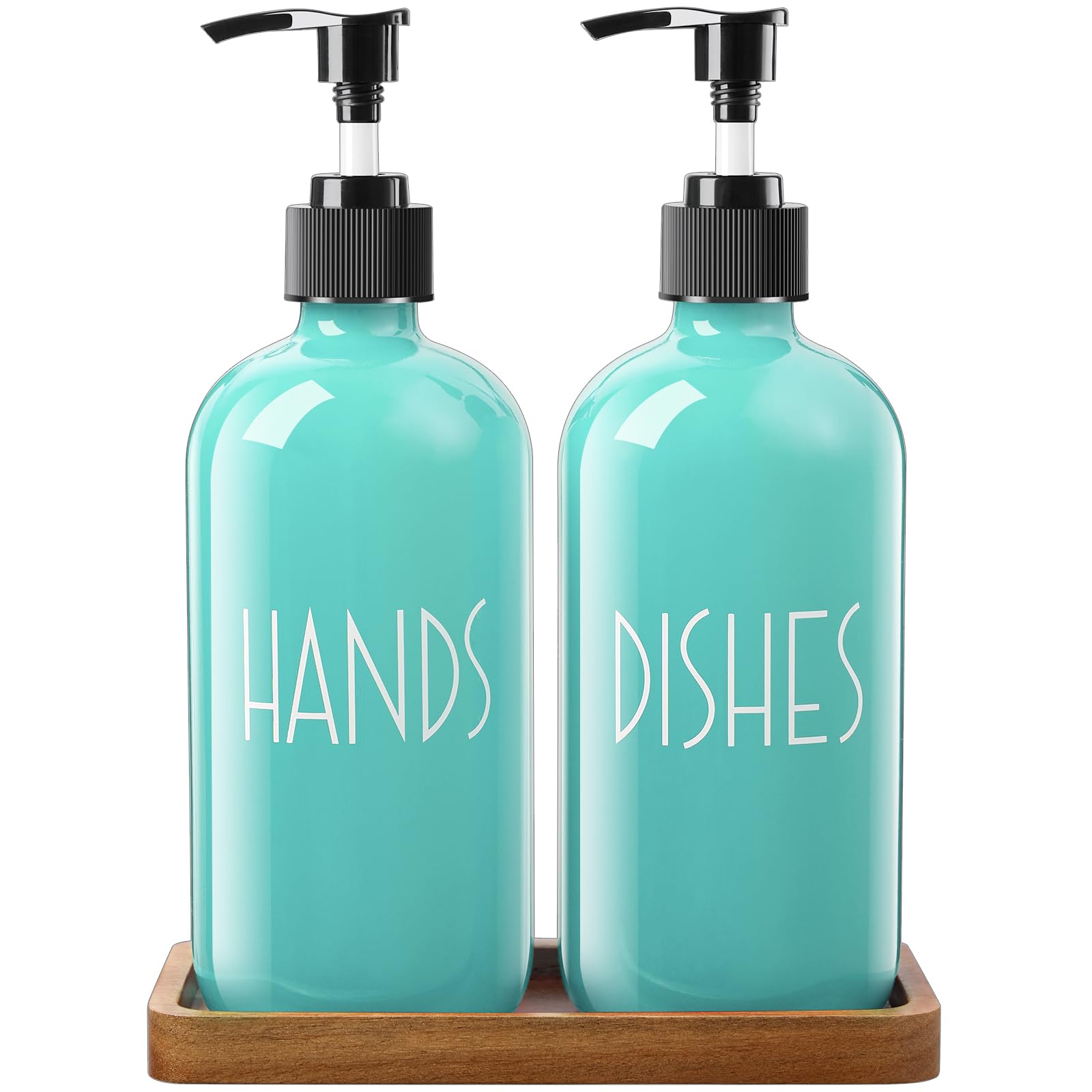 ALELION 16oz Glass Soap Dispenser with Pump & Acacia Wood Tray - Turquoise Kitchen Soap Dispenser Set for Hand & Dish Soap - Elegant Teal Home Decor for Bathroom, Kitchen Counter & Sink Area