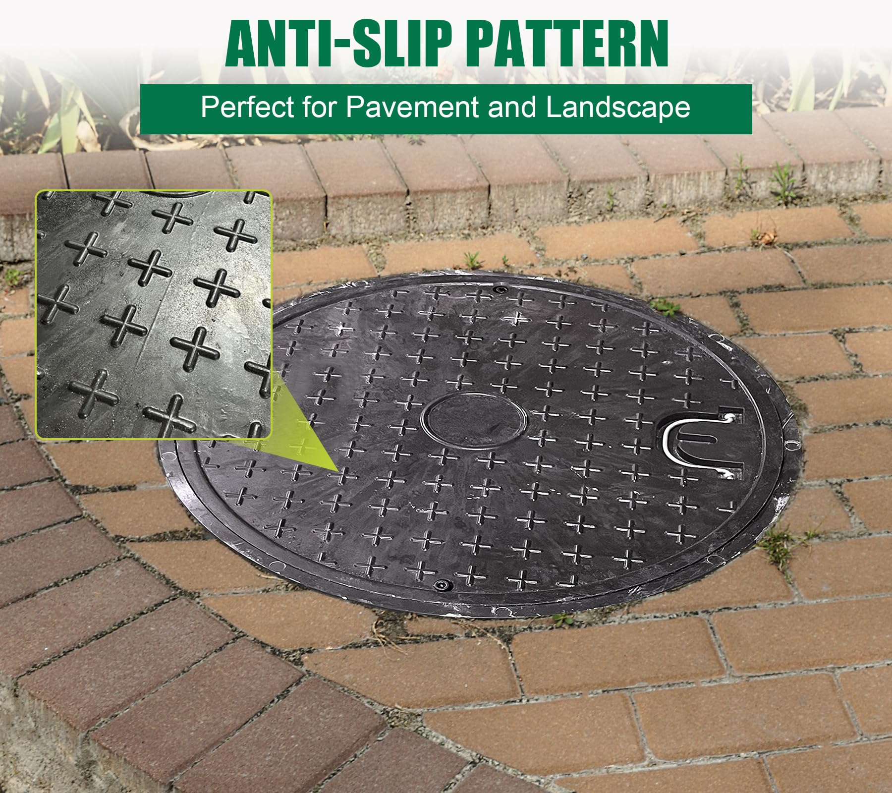 26in Fiberglass Manhole Cover with Reinforced Steel Frame - 24in Clear Opening Round Solid Top Septic Tank Lid - Bolted Down Base & Handle - Heavy Duty Sewer Cover (28in Overall Size) - Ideal for Underground Utility Access, Drainage Systems & Municipal Infrastructure