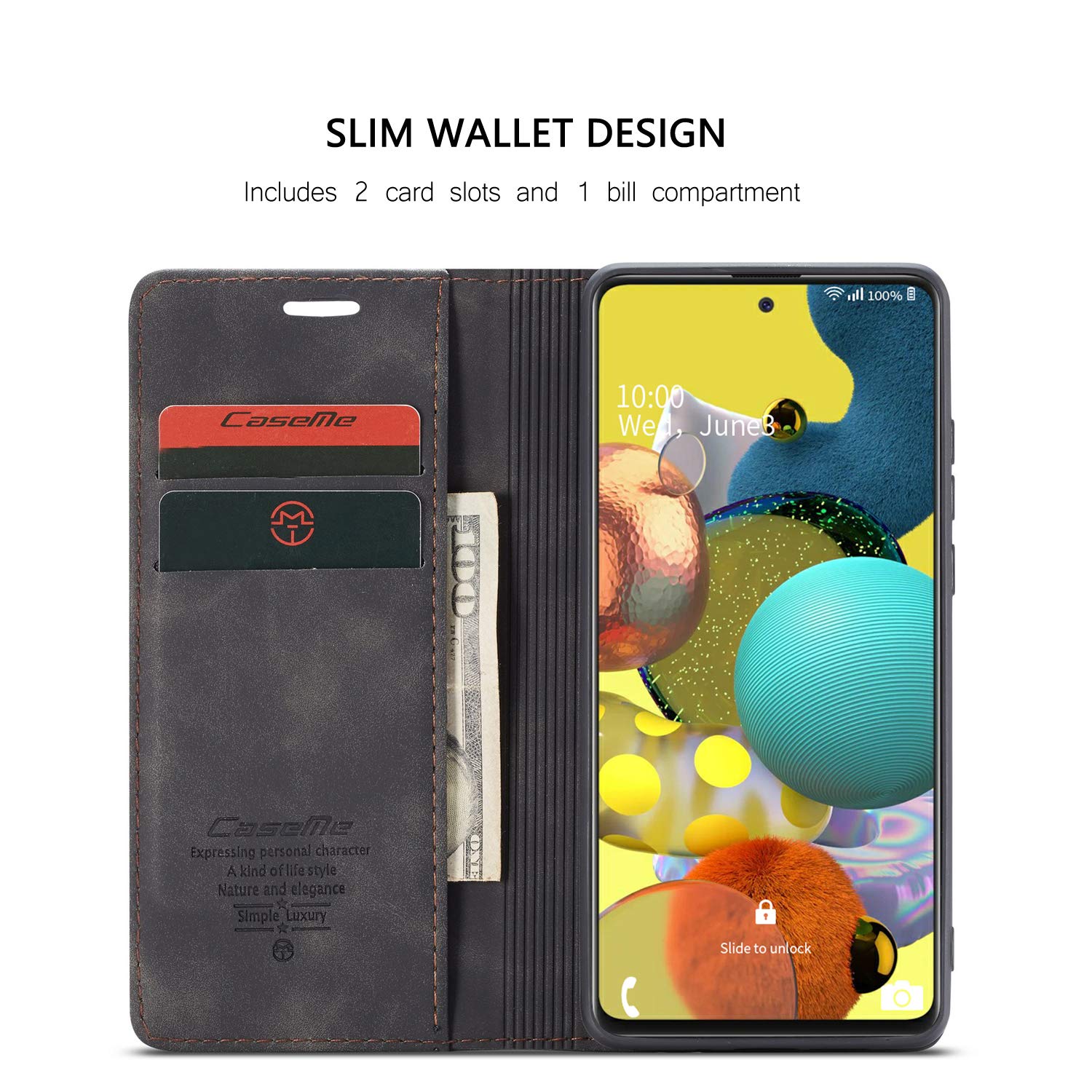 Samsung Galaxy A51 5G Leather Wallet Case with Card Holder & Kickstand - Magnetic Flip Cover for 6.5 Inch Phone (Black) | Perfect for Work, Travel & Daily Protection