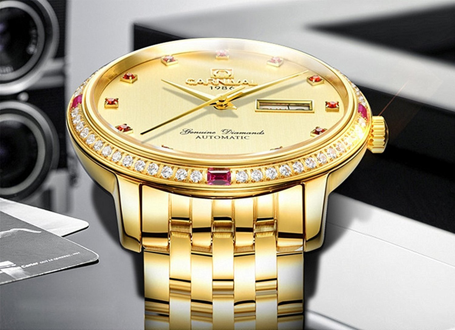 Men's Automatic Mechanical Watch with Calendar - Gold Stainless Steel, Diamond Accents, Waterproof (50M) | Perfect for Formal Events, Business Meetings & Luxury Gifts