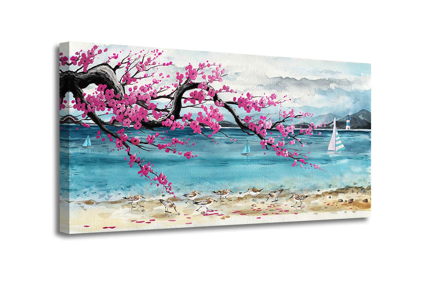 Large Framed Beach Wall Art - Pink Cherry Blossom Lighthouse Print, Modern Nautical Decor for Living Room & Bedroom, 30x60 Inch Coastal Theme Picture | Perfect for Beach House, Bathroom & Office Decor