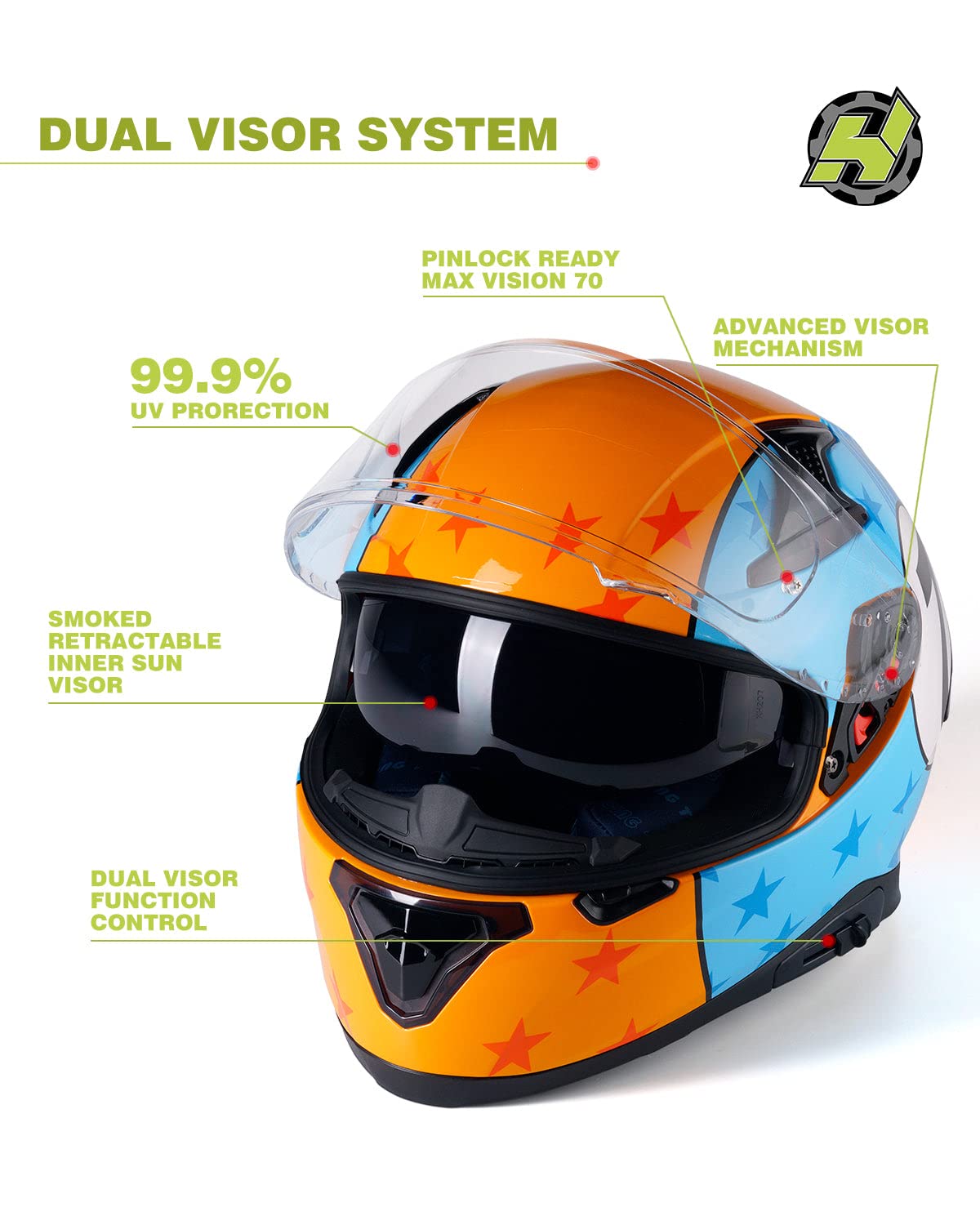 HAX Full Face Motorcycle Helmet DOT Approved - Lightweight & Durable Dual Rear Wing Design, Pinlock Ready for Street Biking - Adult Motorbike Helmet (Impulse Gulf Livery, Large) | Perfect for Commuting, Racing & Urban Riding