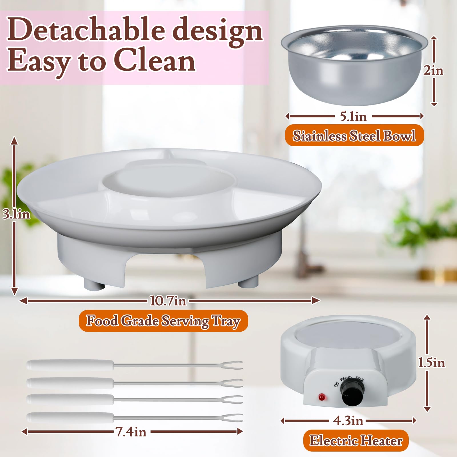 Stainless Steel Electric Fondue Pot Set with 4 Forks - Chocolate & Cheese Melting Pot for Parties, Butter Warmer with Serving Tray - Perfect for Valentine's Day, Family Gatherings & Dinner Parties