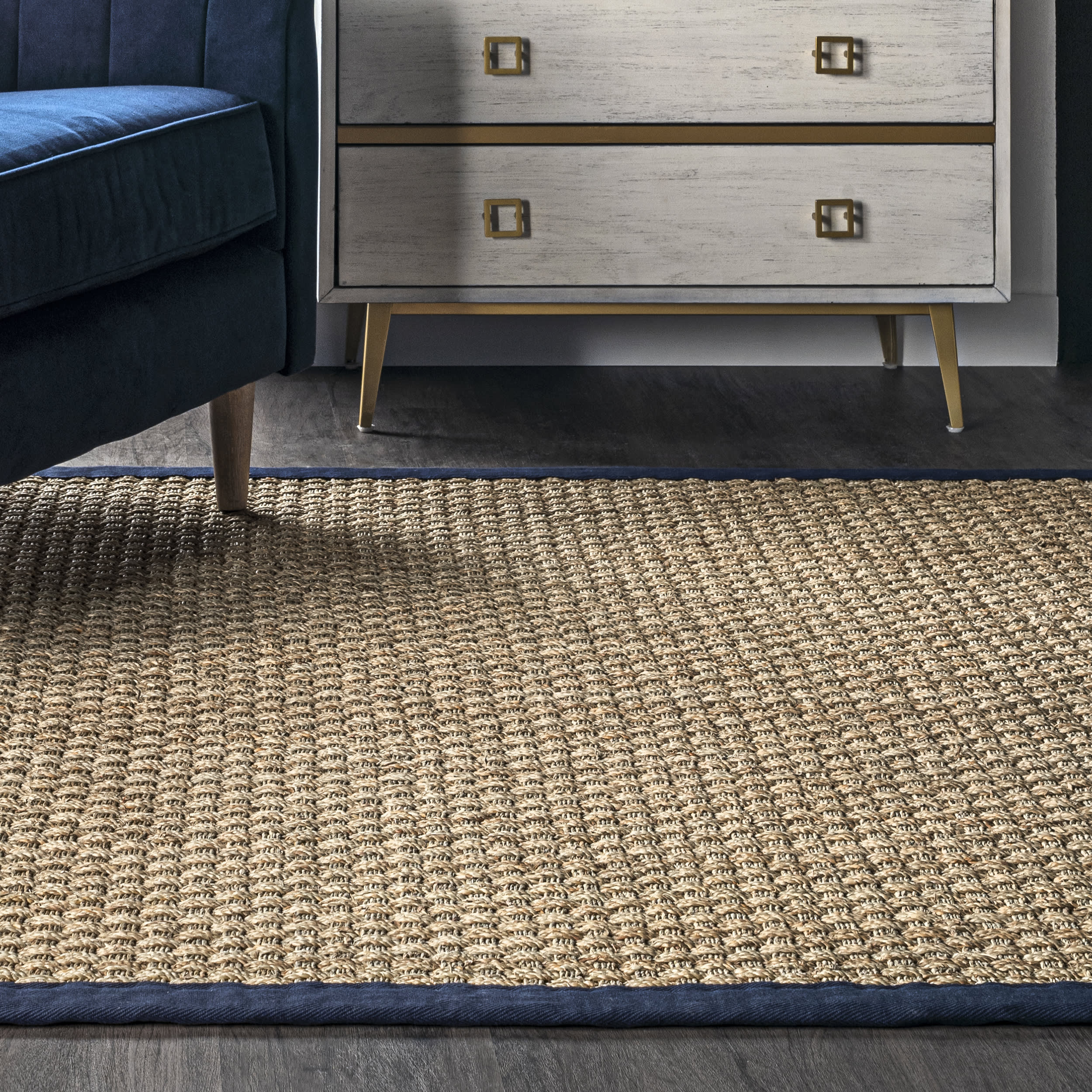 Checker Weave Seagrass Rug - Navy Blue Natural Fiber Floor Mat for Living Room, Bedroom, or Patio | Eco-Friendly & Durable Handwoven Home Decor