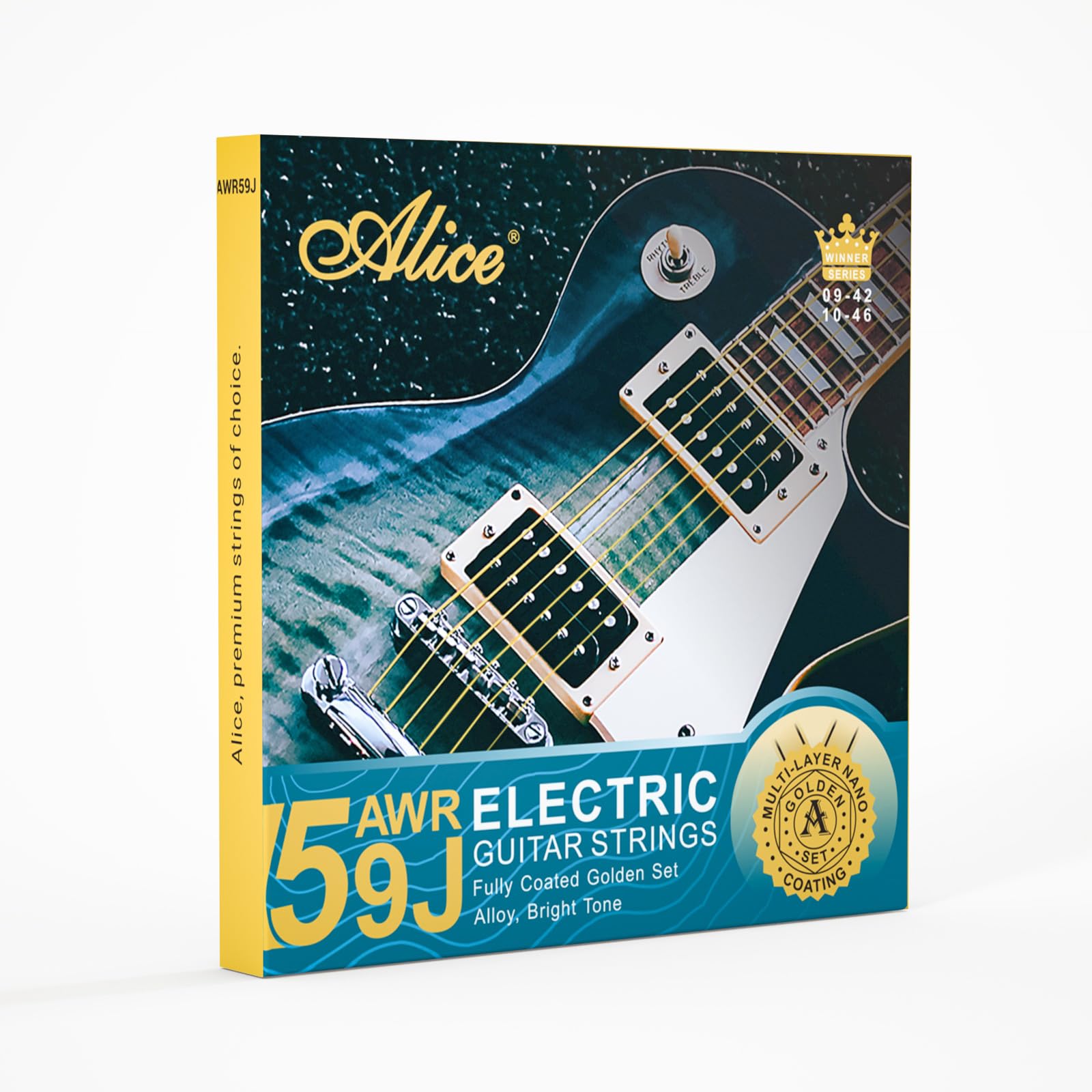 Alice Coated Electric Guitar Strings - Alloy Steel Winding with Gold Polish for Smooth Feel & Warm Bright Tone - Super Light 09-42 Gauge - Ball End with String Label - Easy to Install - Perfect for Rock, Blues & Jazz Performances