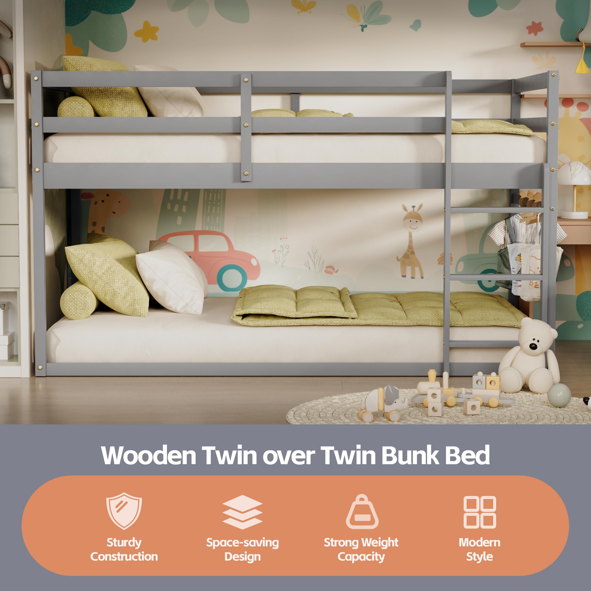 Low Bunk Bed Twin Over Twin with Ladder & Full Guardrails - Sturdy Wooden Junior Bunk Bed for Boys, Girls & Kids - Space-Saving Bedroom Furniture (Grey) - Perfect for Small Rooms, Shared Kids' Bedrooms & Sleepovers