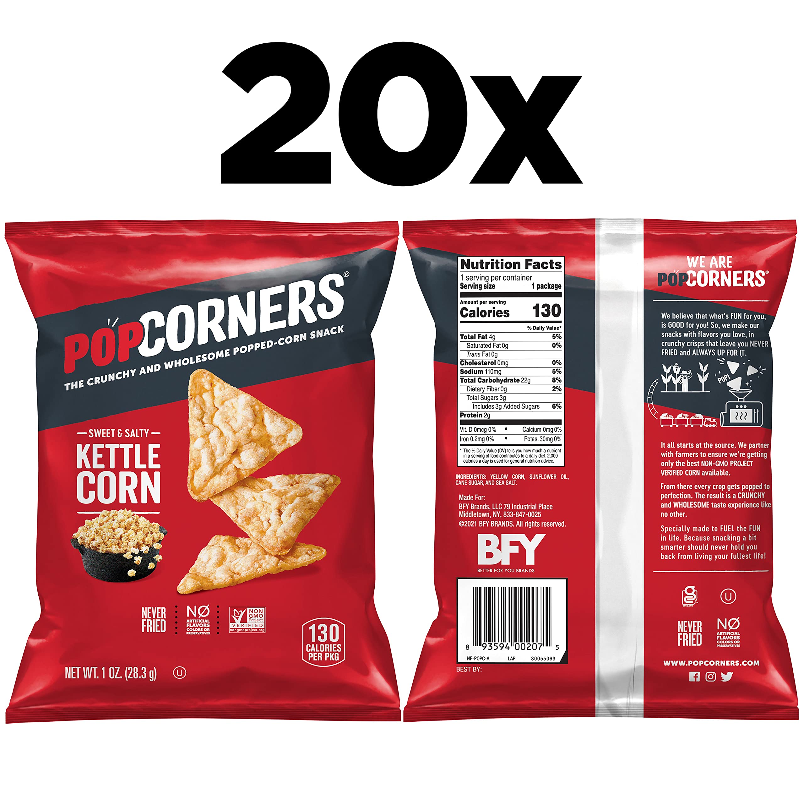 PopCorners Kettle Corn Popped Corn Snacks - 1 Ounce (Pack of 20) - Gluten Free, Non-GMO, Vegan - Perfect for Movie Nights, Office Snacks & Road Trips