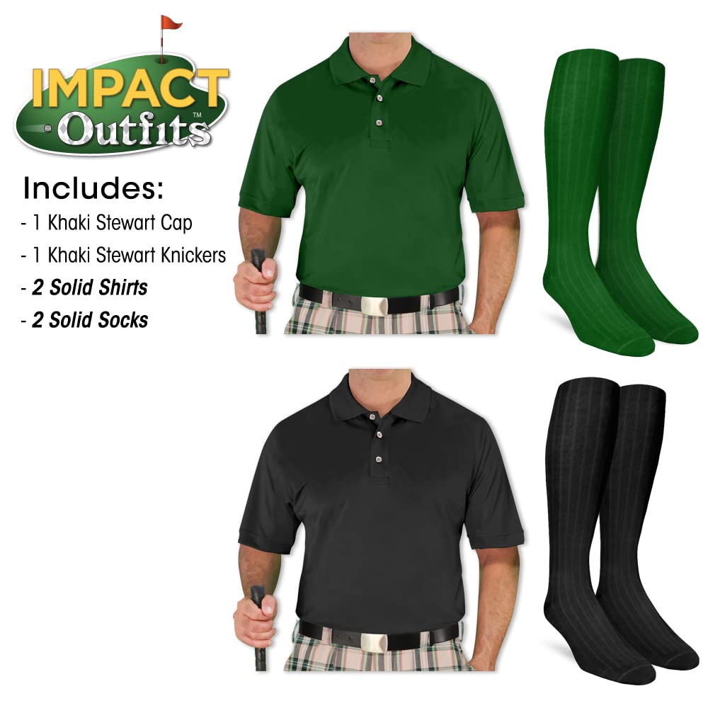 Impact Plaid Golf Outfits for Men - Khaki Stewart Tartan Pants & Shirt Set - Comfortable Stretch Fabric for Golf Course & Casual Wear