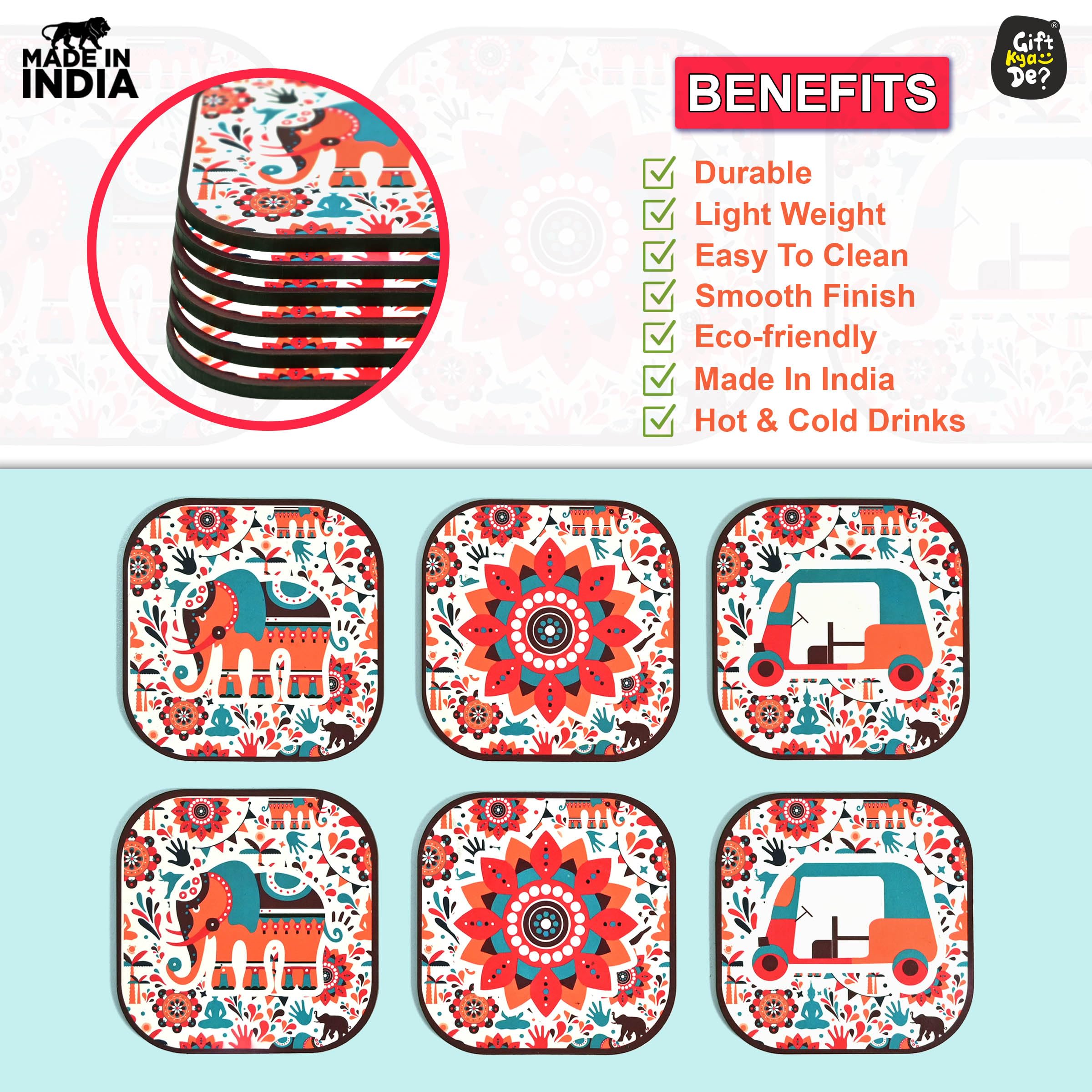 GKD Set of 6 Vibrant India-Themed Wooden Coasters - 3.8x3.8 Inch Square Eco-Friendly Drink Coasters for Tea Cups, Coffee Mugs & Glasses - Perfect for Home, Office & Restaurant Use