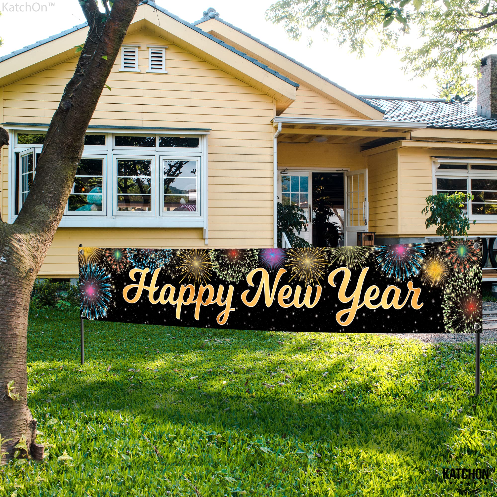 KatchOn 2025 Happy New Year Banner - 120x20 Inch Large Yard Sign for Outdoor & Indoor NYE Party Decorations | New Year's Eve Party Supplies 2025 | Durable Holiday Decoration for Home, Lawn, Office & Festive Celebrations