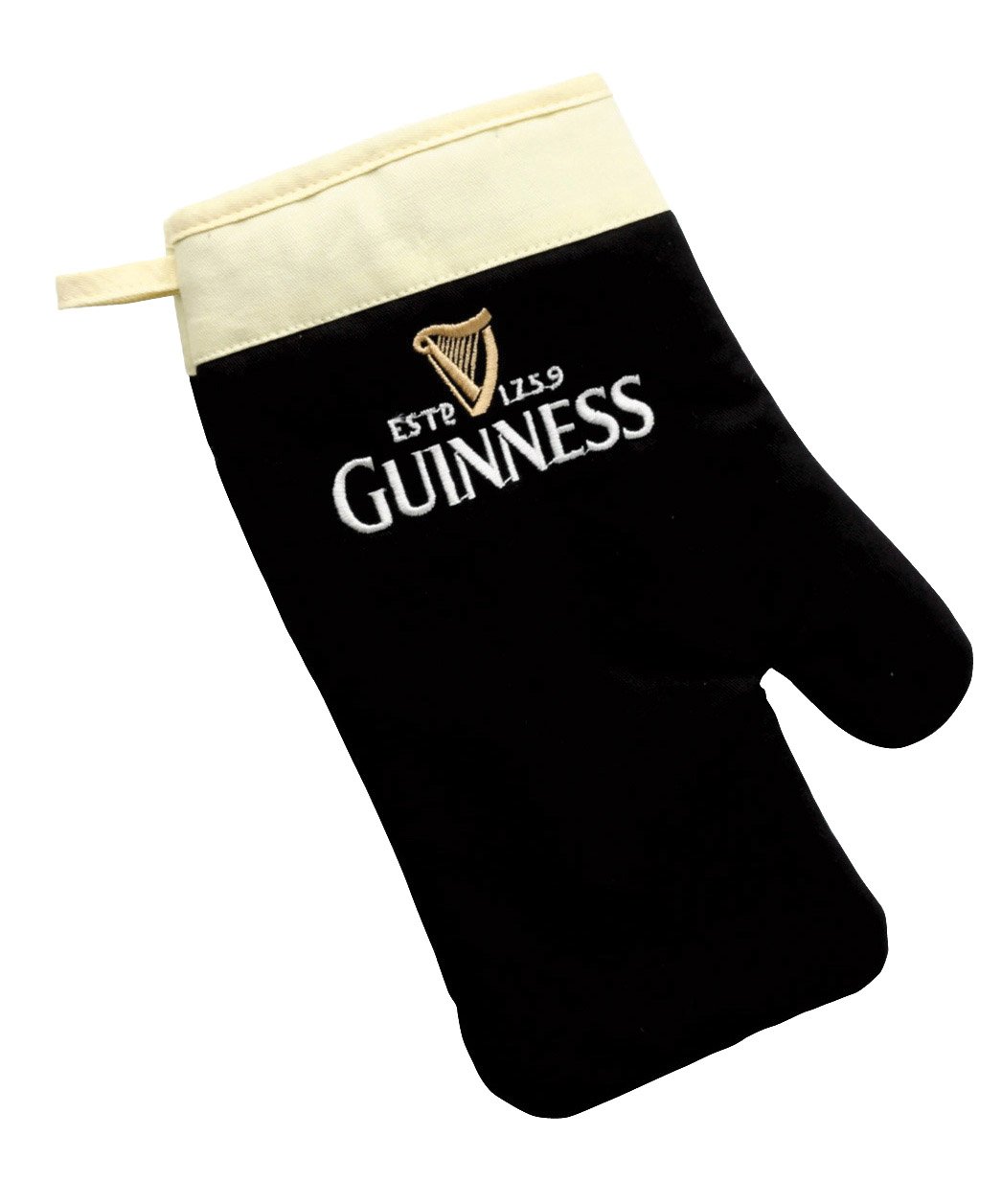 Premium Guinness Label Oven Gloves - Heat Resistant Cotton Kitchen Mittens for Baking, Grilling & Cooking (Black/Cream Embroidered Design)