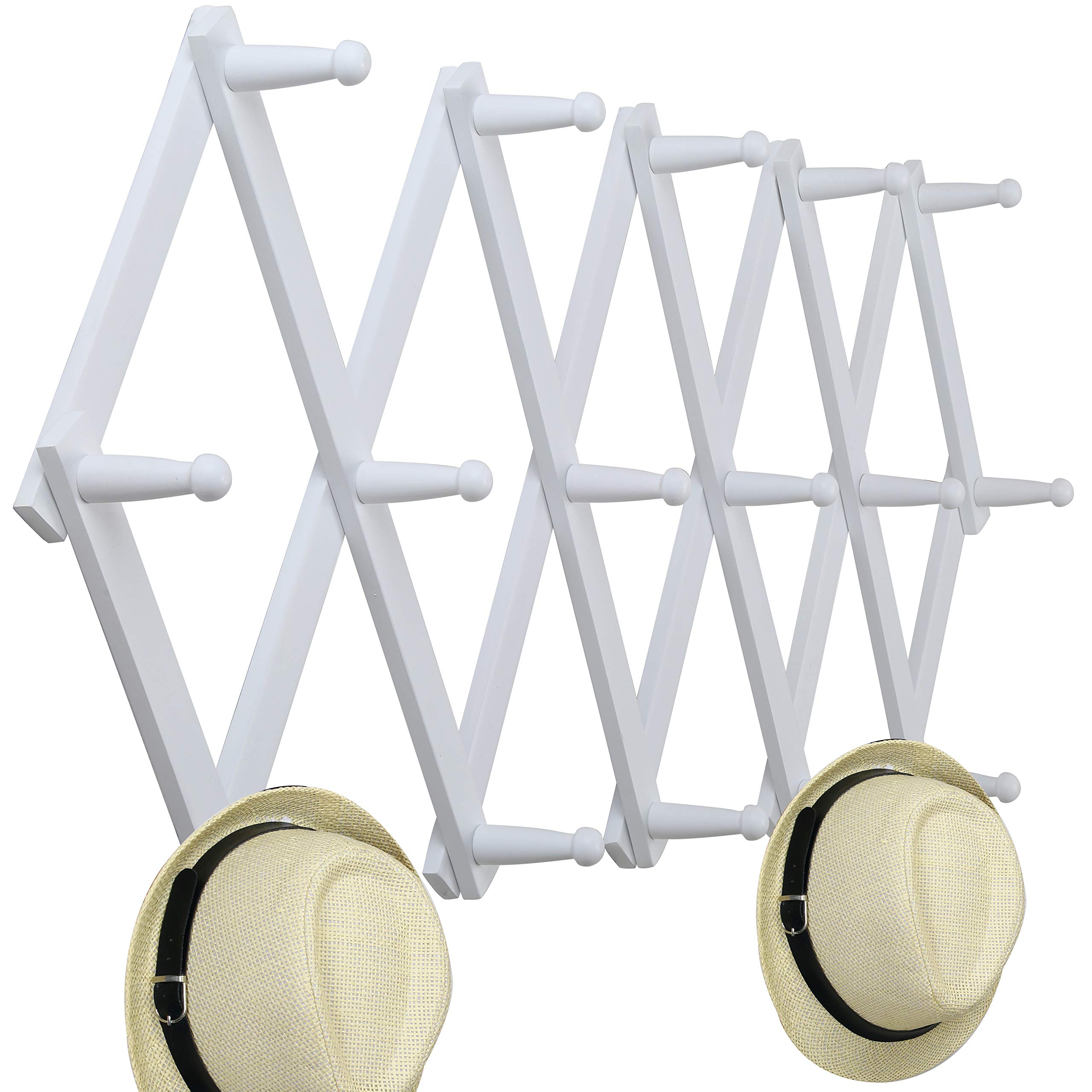 Expandable Wooden Coat Rack - 16 Peg Hooks Wall Mounted for Hats & Caps - Home & Office Use