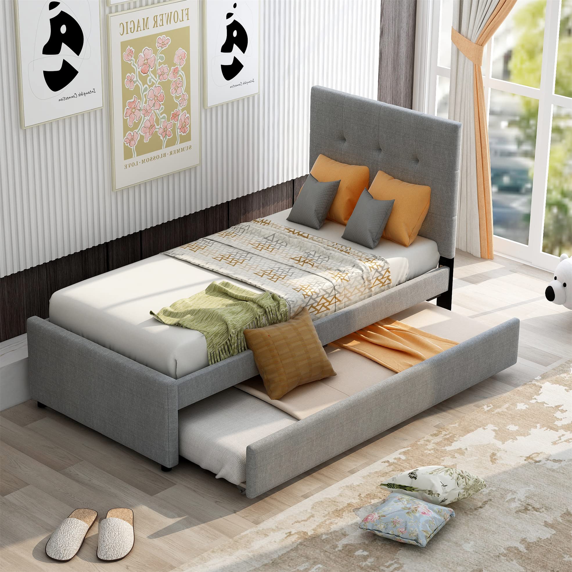 Twin Upholstered Platform Bed with Trundle - Linen Fabric Headboard - No Box Spring Needed - Modern Grey Twin Size Bed for Guest Room, Kids Room or Small Space