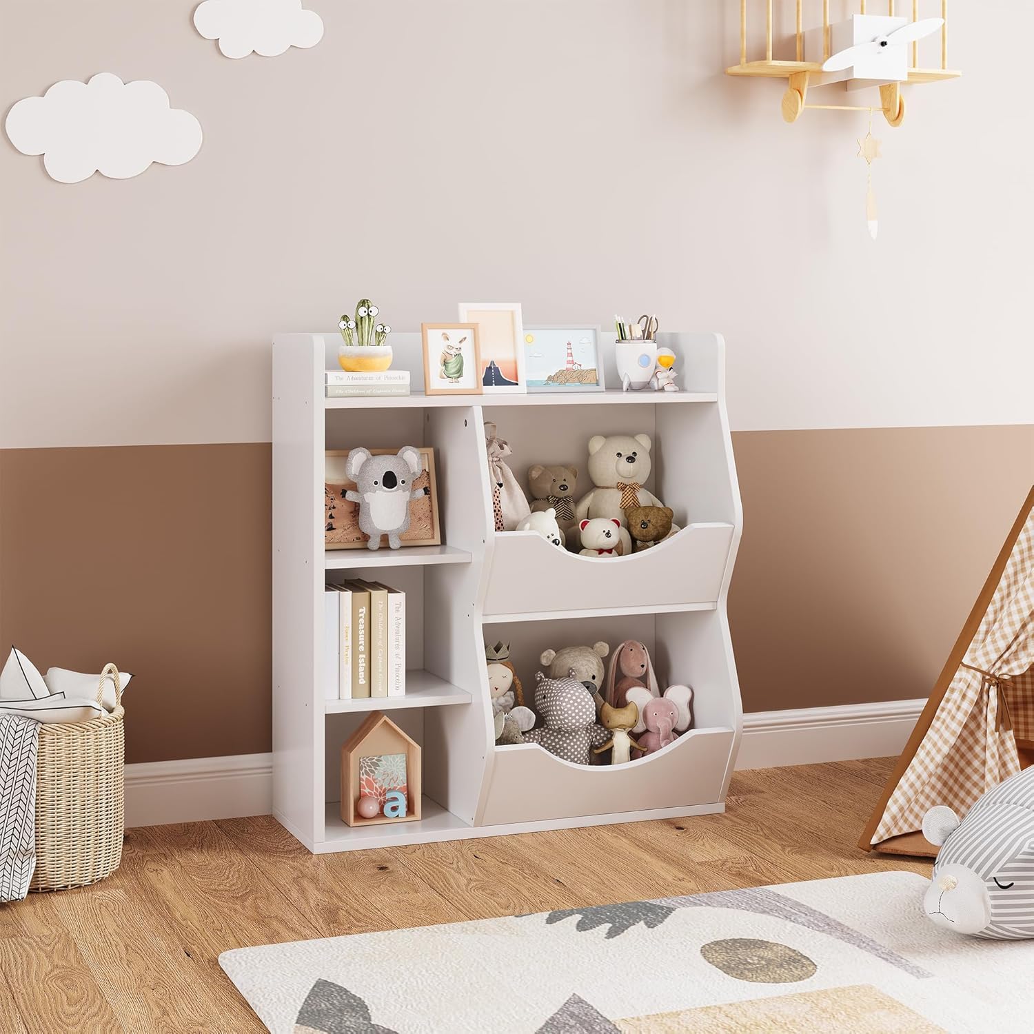 3-Tier Kids Toy Storage Organizer & Bookshelf - White Double-Sided 5-Compartment Shelf for Toys, Books - Perfect for Kids' Room, Bedroom, Living Room & Kindergarten - Organize Playrooms, Daycares & Homeschool Spaces