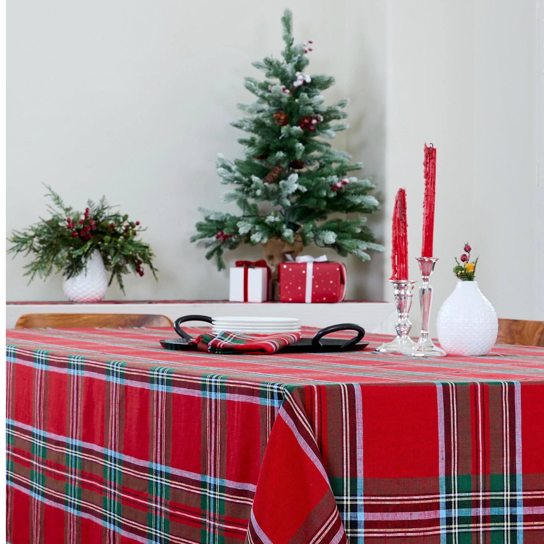 Madras Holiday Plaid Table Throw - Festive Cotton Tablecloth for Christmas, Thanksgiving & Parties - Perfect for Dining, Decor & Seasonal Celebrations