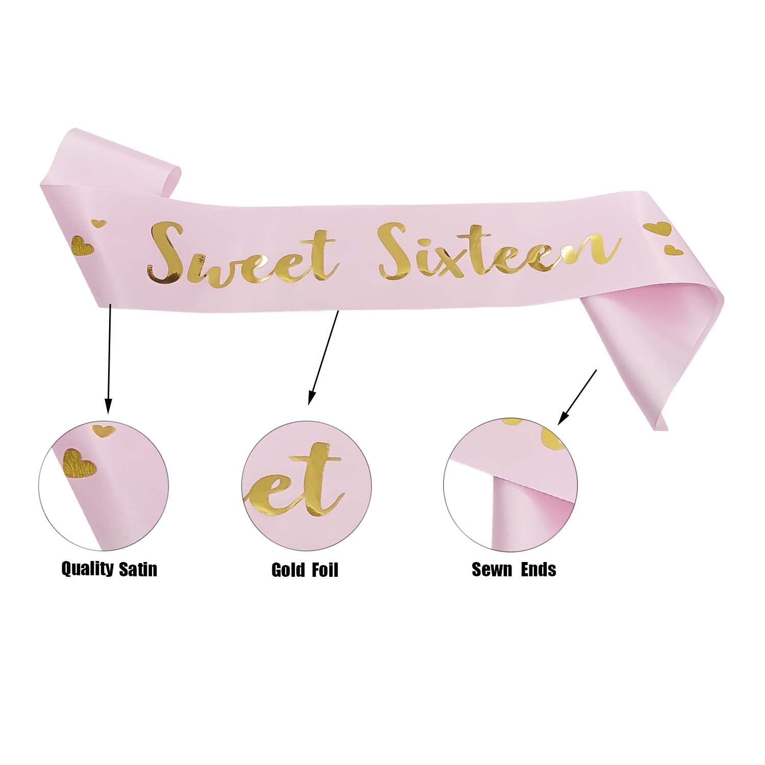 Sweet 16 Pink Satin Birthday Sash for Girls - Princess Birthday Party Decorations & Gifts - Happy 16th Birthday Party Favors - Perfect for Sweet Sixteen Celebrations, Quinceañeras & Special Milestone Events