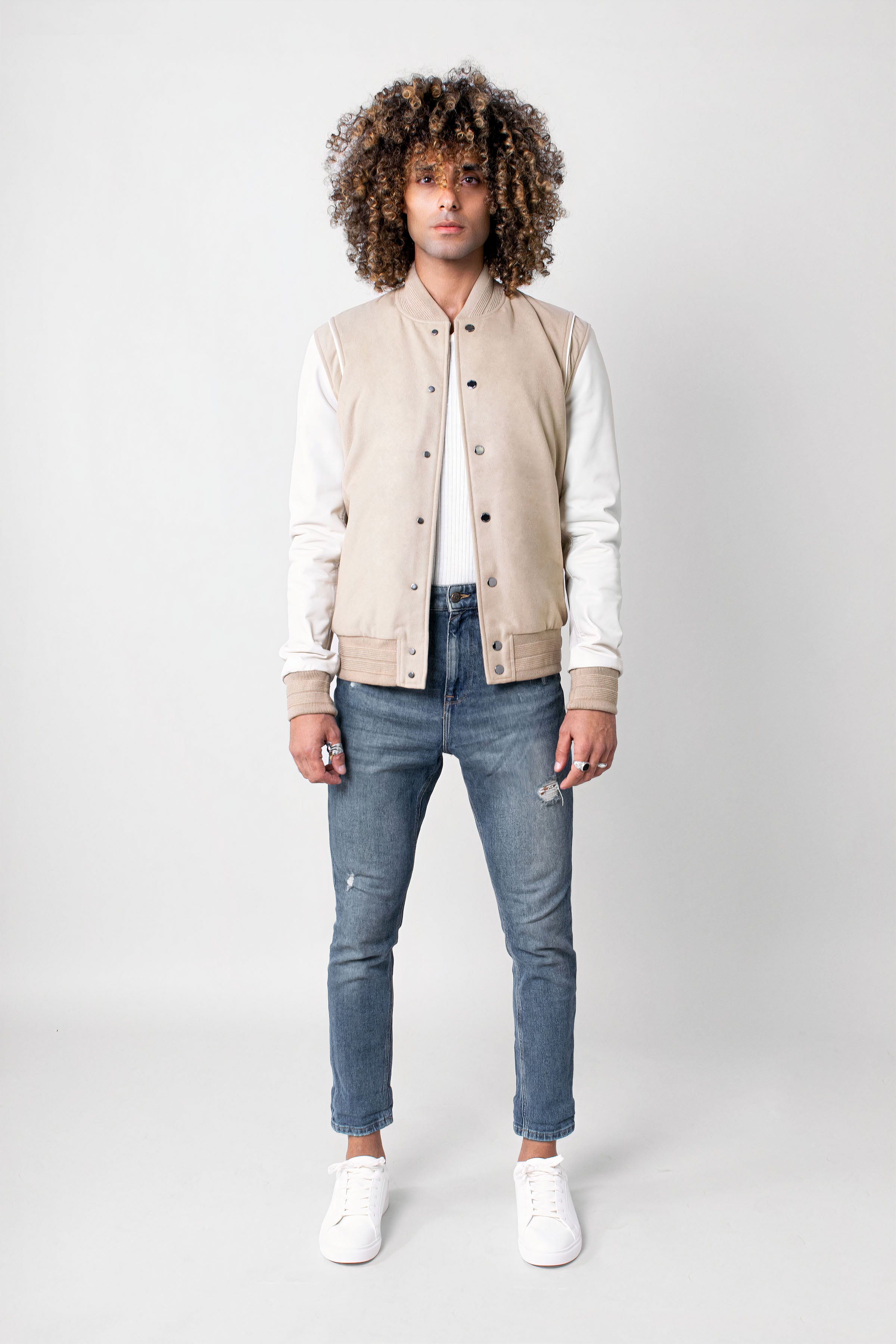 Men's Varsity Jacket in Ecru - Classic Tall Fit for Casual Wear & Street Style Fashion