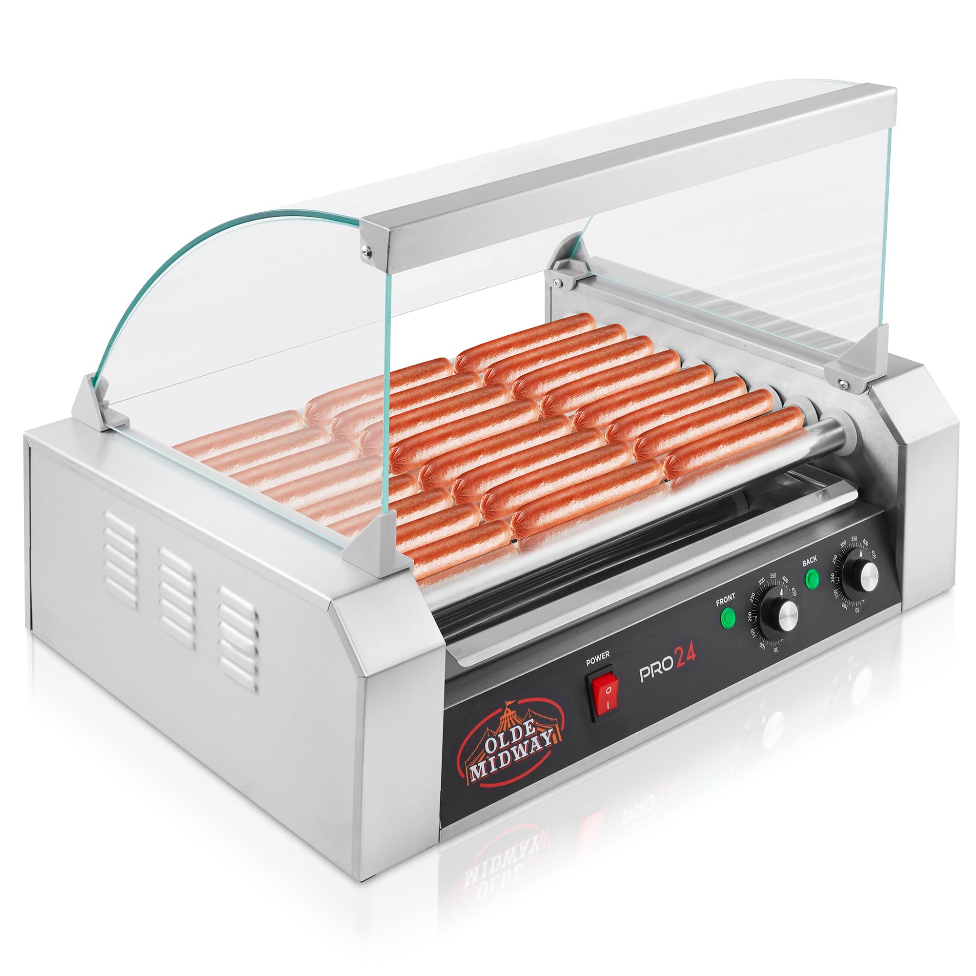 Olde Midway Electric 24 Hot Dog 9 Roller Grill Cooker Machine with Cover 1200W - Commercial Grade Stainless Steel Hot Dog Warmer for Restaurants, Carnivals & Food Trucks - Perfect for Hot Dogs, Sausages & Sandwiches