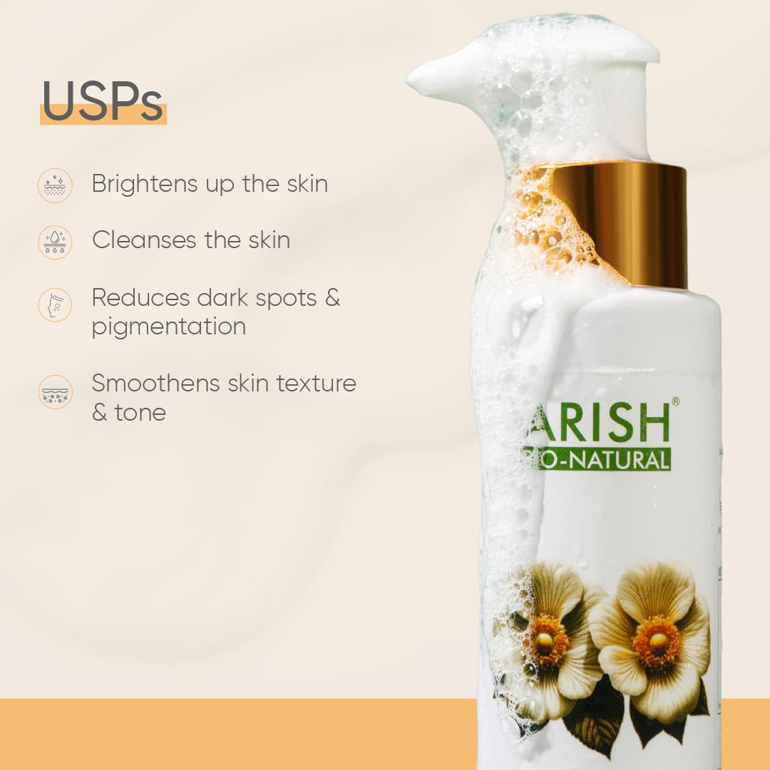 Arish Bio-Natural Vitamin C Face Wash for Brightening & Dark Spot Reduction - Fades Pigmentation & Evens Skin Tone with Kojic Acid & Niacinamide | Hydrating Antioxidant Formula | 100ml | Perfect for Morning & Night Skincare Routine