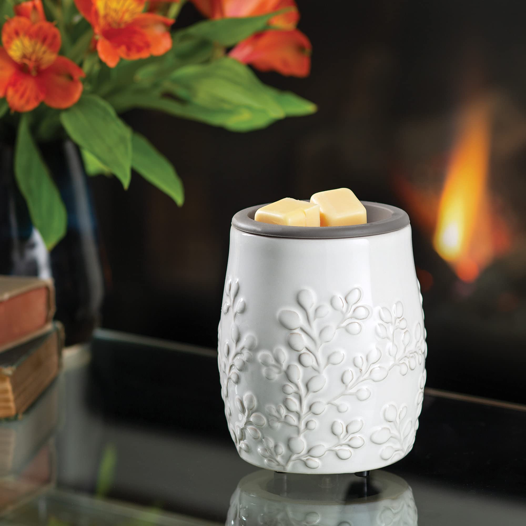 White Willow Farmhouse Ceramic Wax Warmer with Silicone Dish - Electric Candle Warmer for Scented Wax Melts, Cubes & Tarts | Perfect for Home Aromatherapy, Relaxation & Cozy Farmhouse Decor