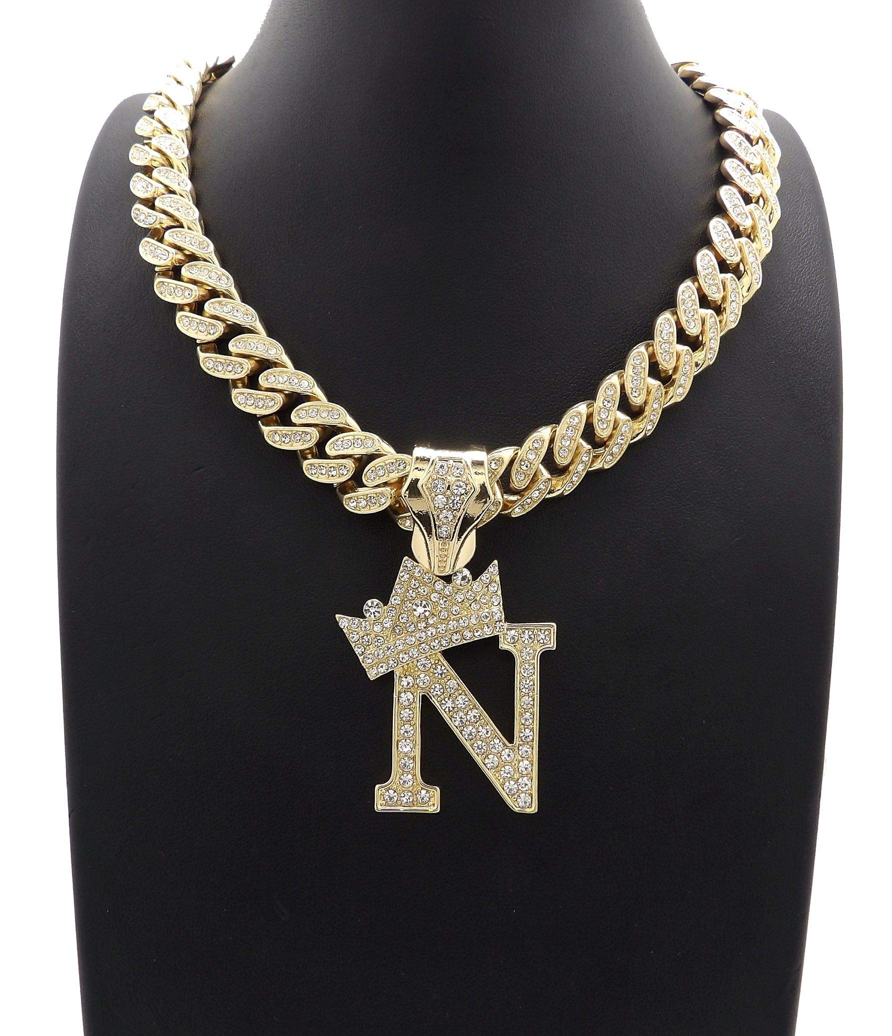 NYFASHION101 Iced Out Miami Cuban Chain Necklace with 12mm Stone Stud Crowned Initial Pendant - Perfect for Hip Hop Jewelry, Streetwear Fashion & Gift Giving