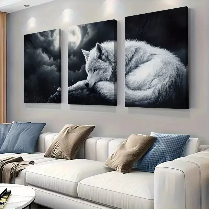 3-Piece Moonlit Wolf Dreamscape Canvas Art Set - Framed Wolves Wall Decor (50x70cm) | High-Quality Print, 100% Australian Made, Ready to Hang | Perfect for Living Room, Bedroom & Office Decor
