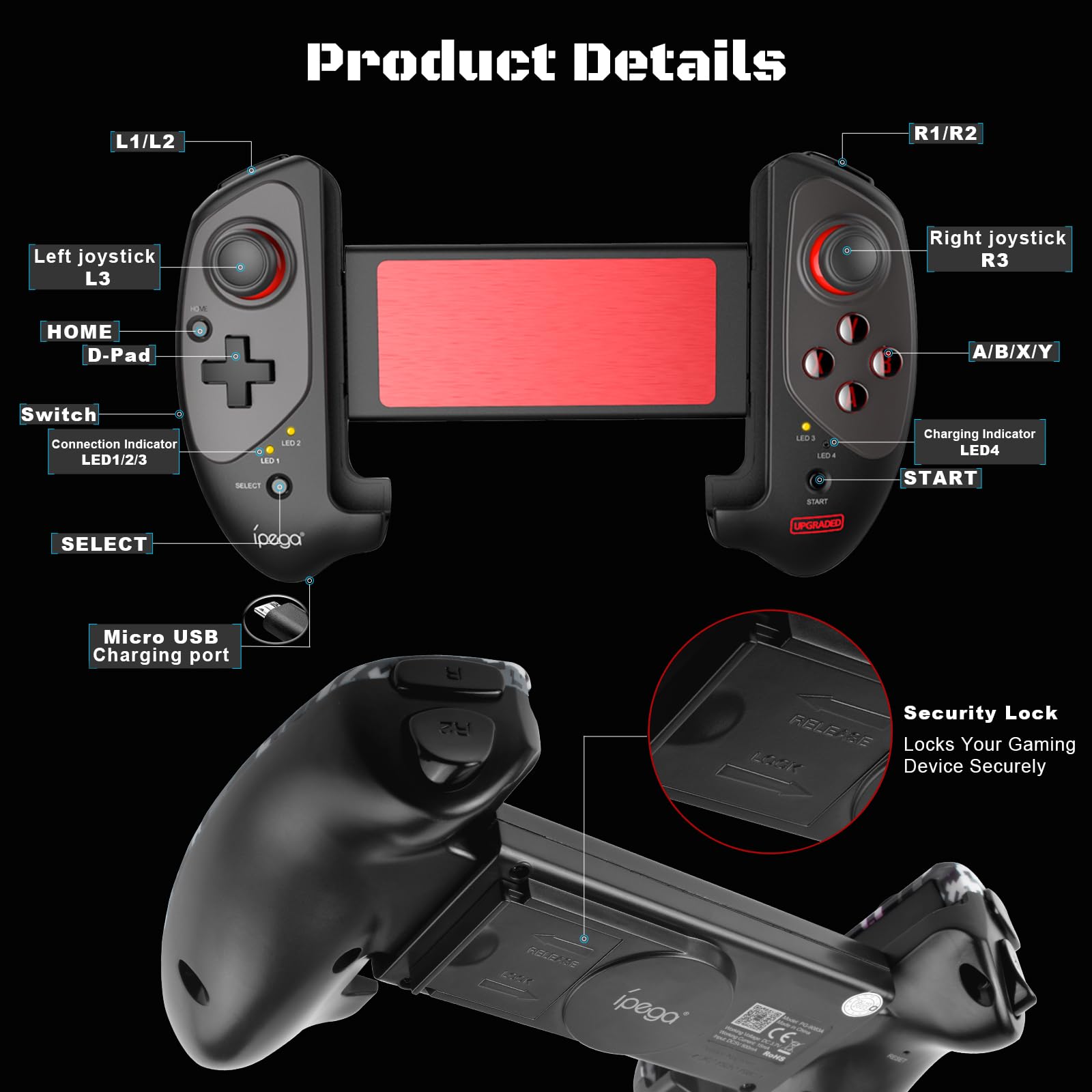 Wireless Bluetooth Game Controller for iPad, Tablet (11 Inch) - Compatible with Android, iPhone 14/13 Pro Max, Samsung Galaxy Z Fold4/Flip4/S23/S22/21 Ultra, Amazon Fire HD 10/8 - Ergonomic Design for Mobile Gaming, Cloud Gaming & Console-Style Play
