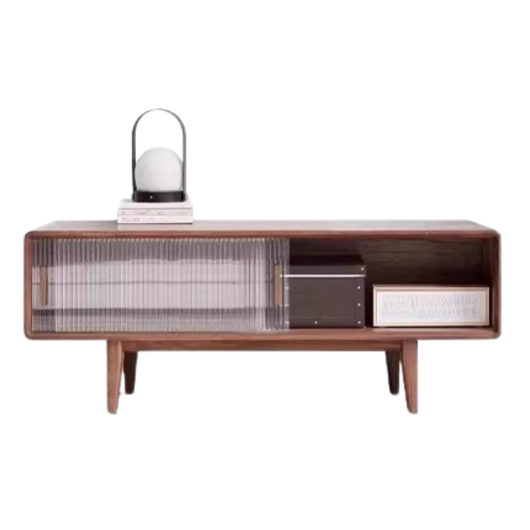 Solid Oak Wood TV Stand with Glass Sliding Doors - Modern Entertainment Center for Living Room, Bedroom & Home Theater