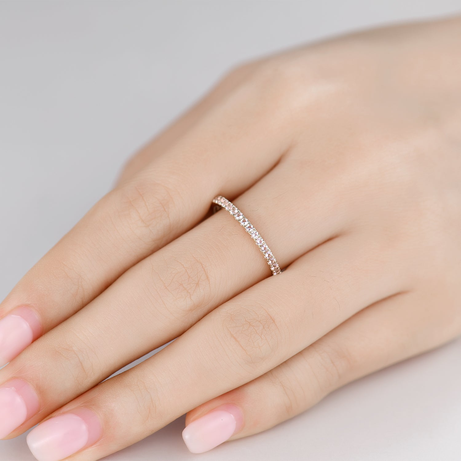 14K Yellow Gold Petite Morganite Wedding Band - Micro Pave Eternity Ring for Women | Perfect for Engagement, Anniversary & Bridal Jewelry Gifts