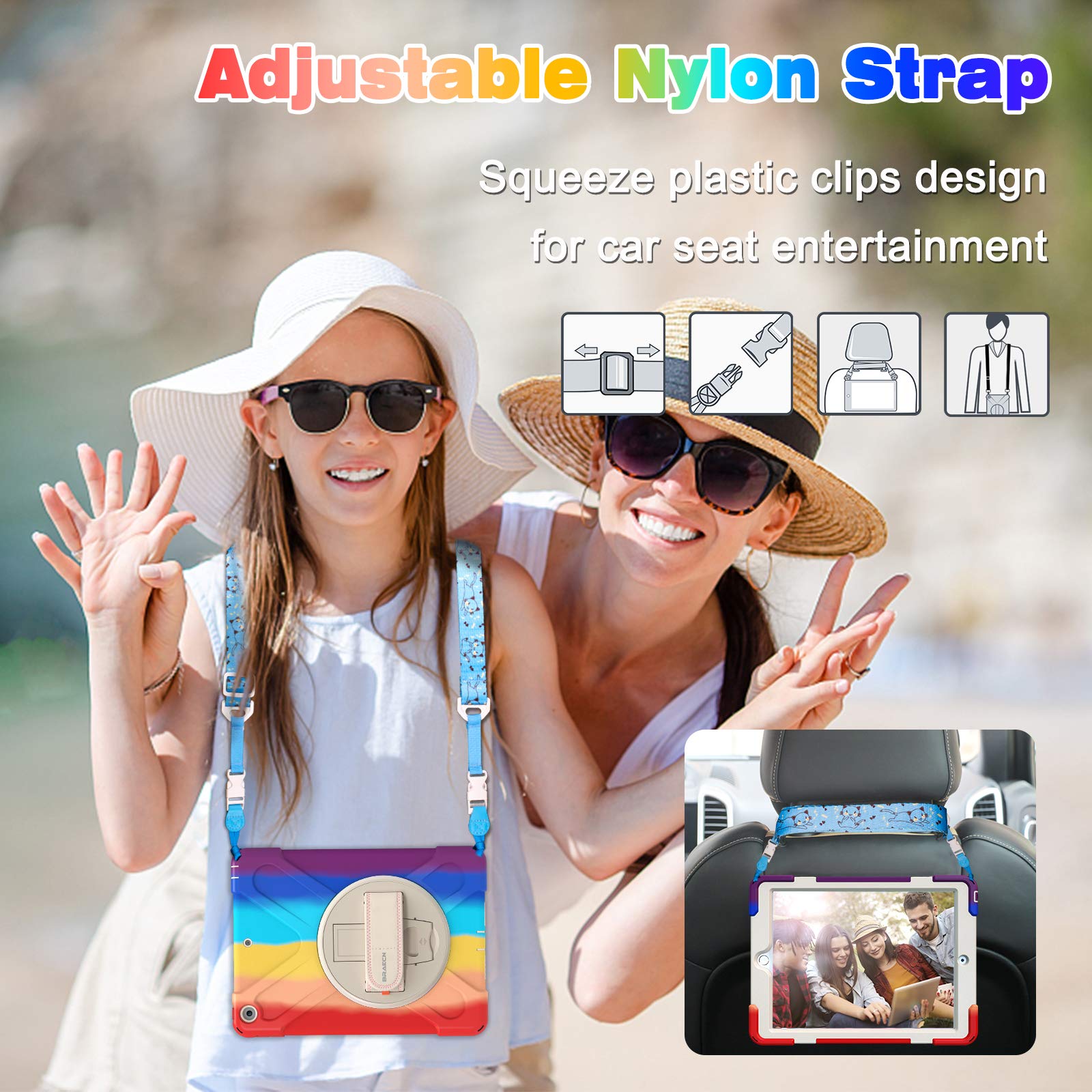 BRAECN Heavy Duty Rugged Kids Case for iPad 9.7 Inch (6th/5th Generation) - Shockproof Protective Cover with Hand Strap, Kickstand, Pencil Holder & Shoulder Strap - Compatible with iPad A1893/A1954/A1822/A1823 (Rainbow) - Perfect for School, Travel & Outdoor Activities