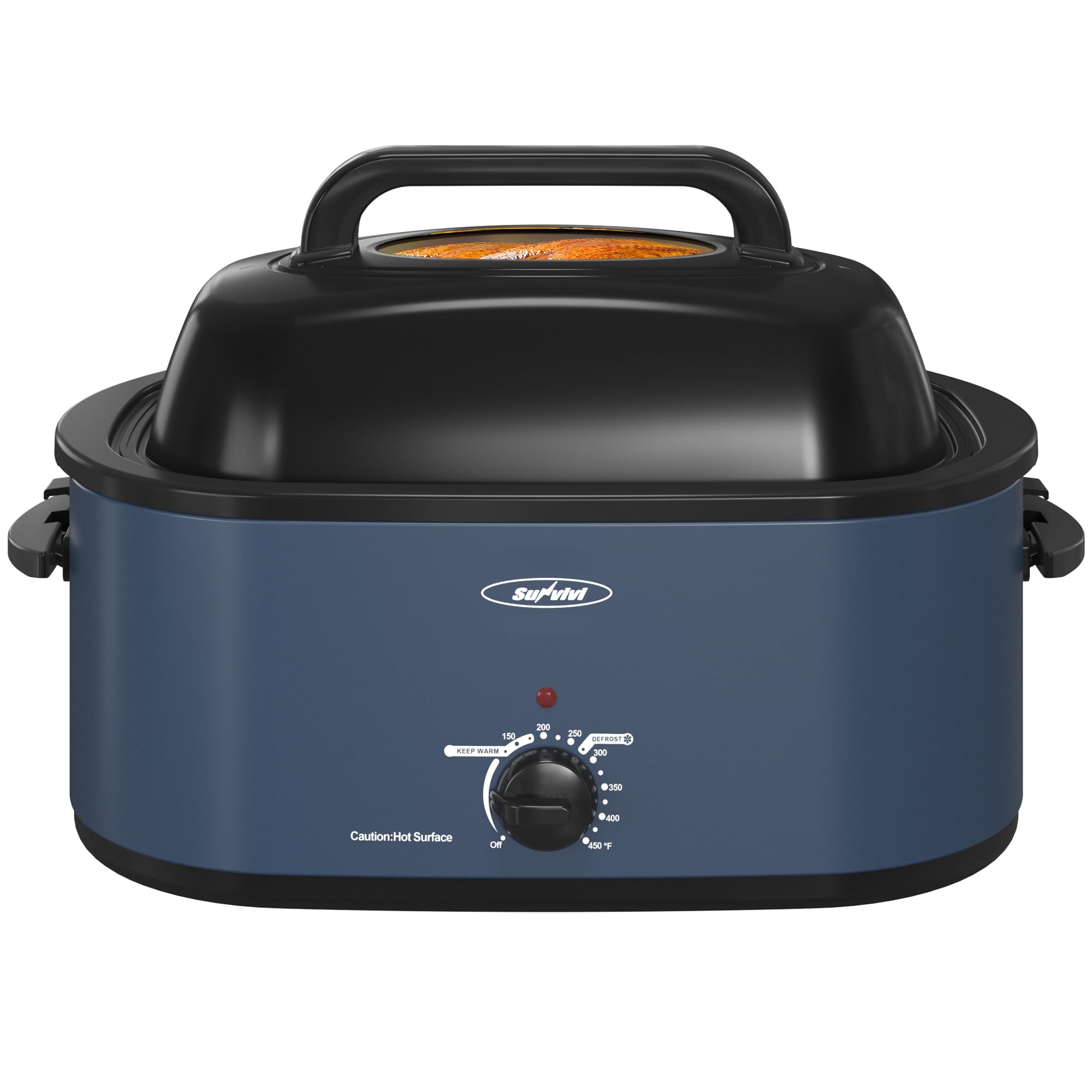 Sunvivi 24-Quart Electric Roaster Oven with Viewing Lid - 28lb Capacity Turkey Roaster with Defrost/Warm Function, Removable Pan & Rack - Stainless Steel Blue - Perfect for Thanksgiving, Holiday Cooking & Large Family Gatherings