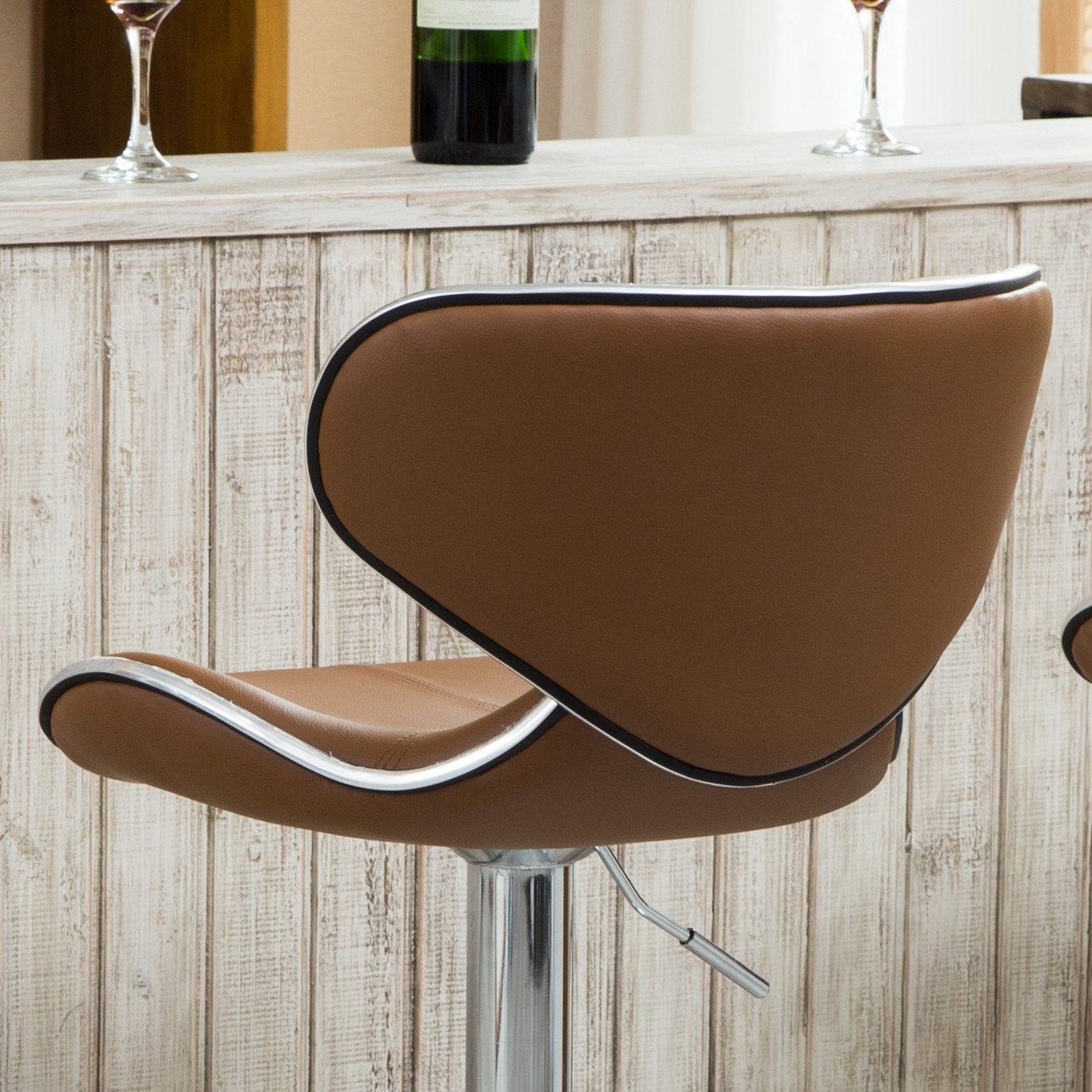 Roundhill Furniture Masaccio Adjustable Swivel Bar Stool - 2-Piece Set with Cushioned Leatherette Upholstery & Chrome Base in Caramel | Perfect for Kitchen Islands, Home Bars & Breakfast Nooks