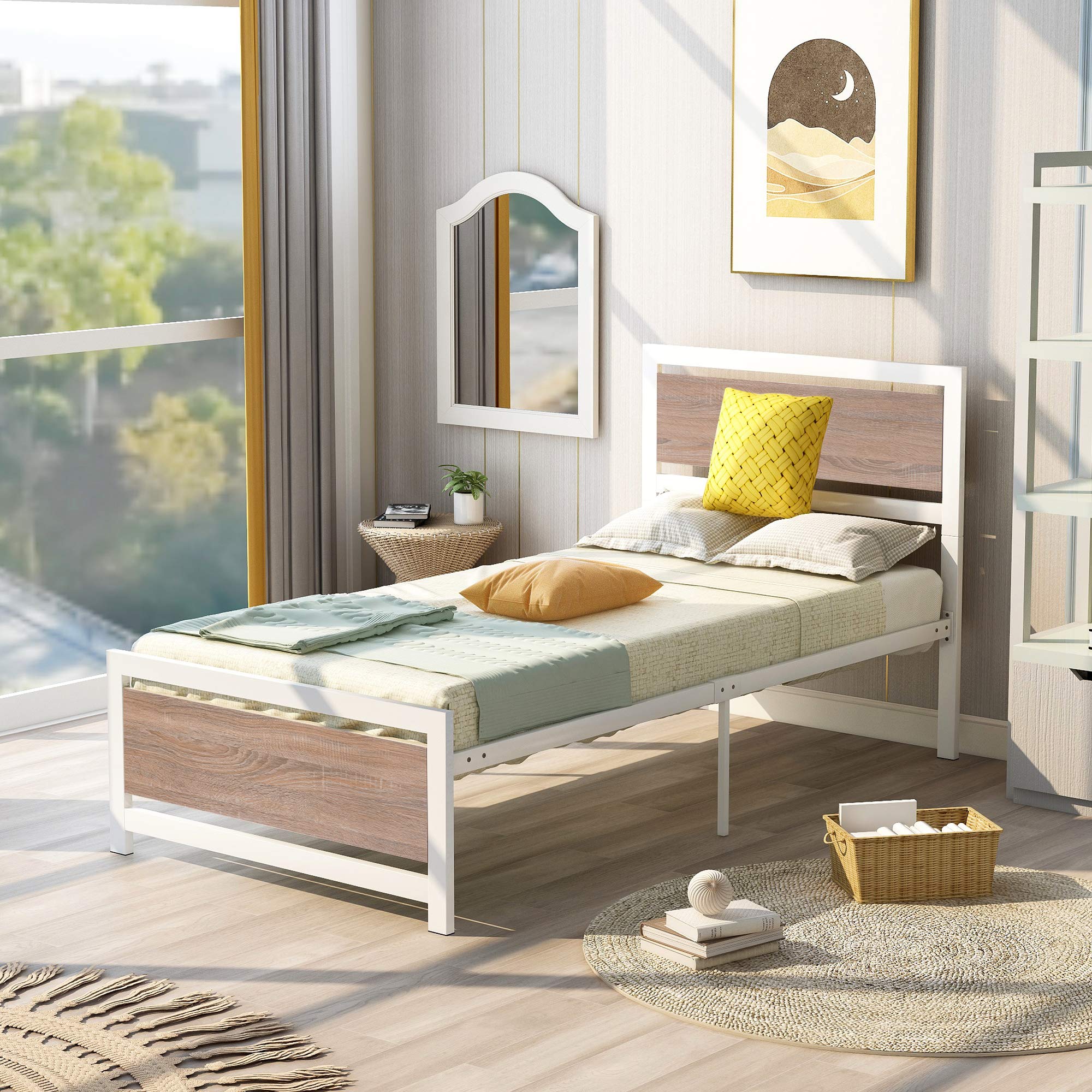 **White Twin Platform Bed Frame - Sturdy Metal & Wood Design with Headboard & Footboard - No Box Spring Needed - Easy Assembly for Kids, Teens & Adults - Perfect for Bedrooms, Dorms & Guest Rooms**