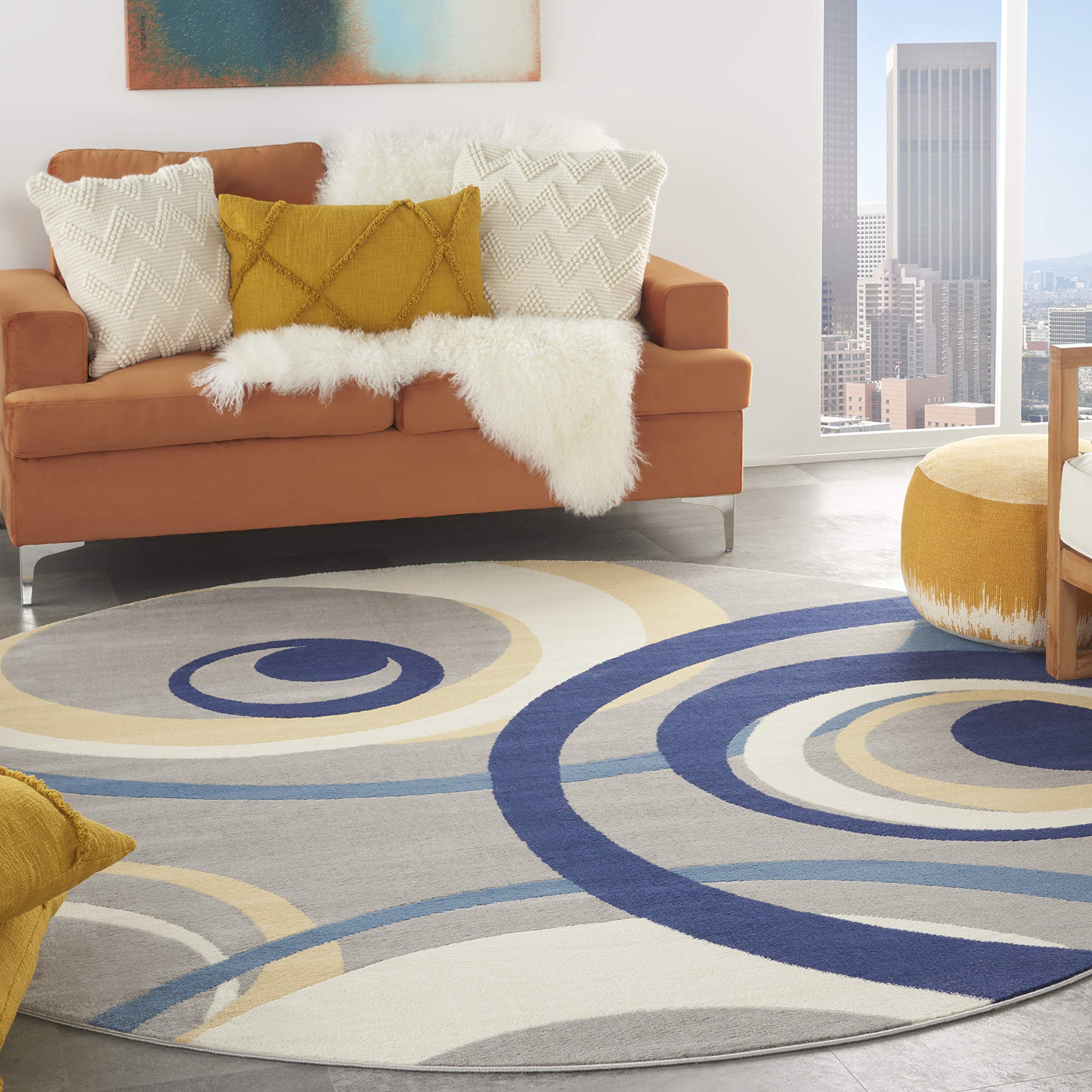 Nourison Grafix Geometric Grey 8' Round Area Rug - Non-Shedding, Easy to Clean - Perfect for Bedroom, Living Room, Dining Room & Kitchen Decor - Modern Home Floor Covering for Cozy Spaces