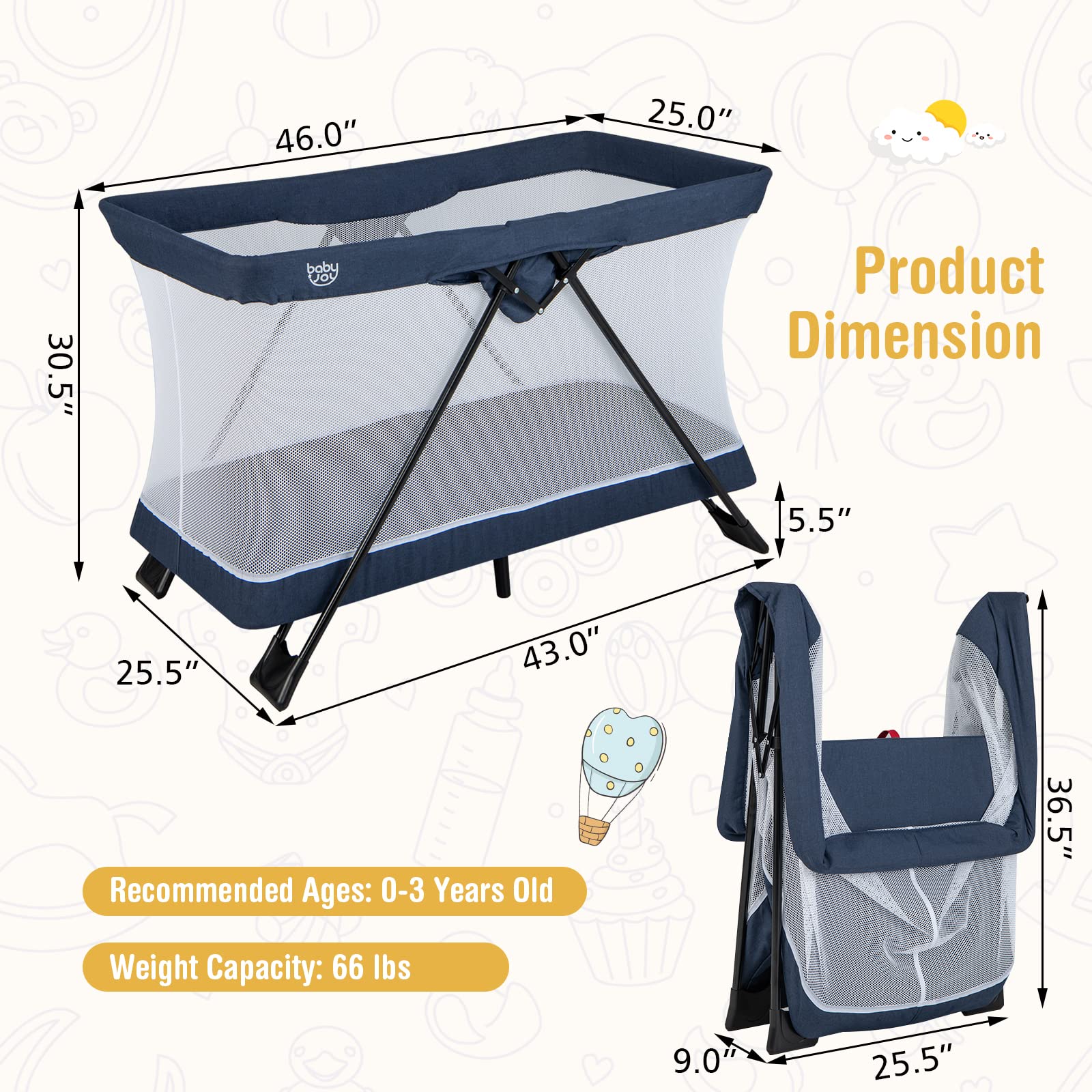 BABY JOY Portable Travel Crib - Lightweight Foldable Playpen for Babies & Toddlers with Soft Washable Mattress, No-Tools Assembly Playard for Newborns to 3 Years Old (Blue) | Perfect for Home, Travel, Daycare & Outdoor Adventures