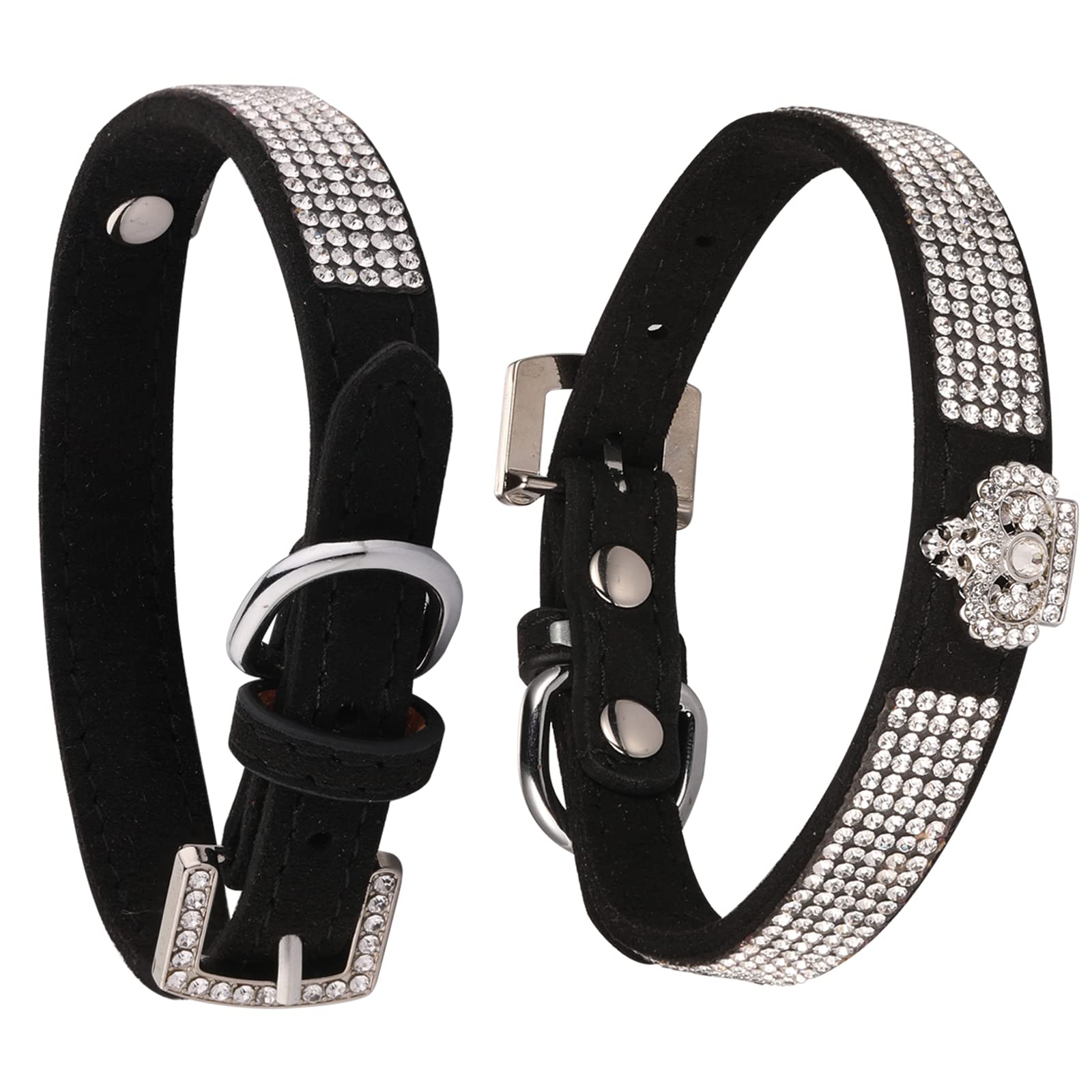 Luxury Sparkly Silver Buckle Rhinestone Crown Velvet Leather Pet Collar for Small Dogs & Cats - Elegant Bling Diamond Decoration for Puppies & Kittens (Size S, Black) | Perfect for Daily Walks, Grooming & Special Occasions