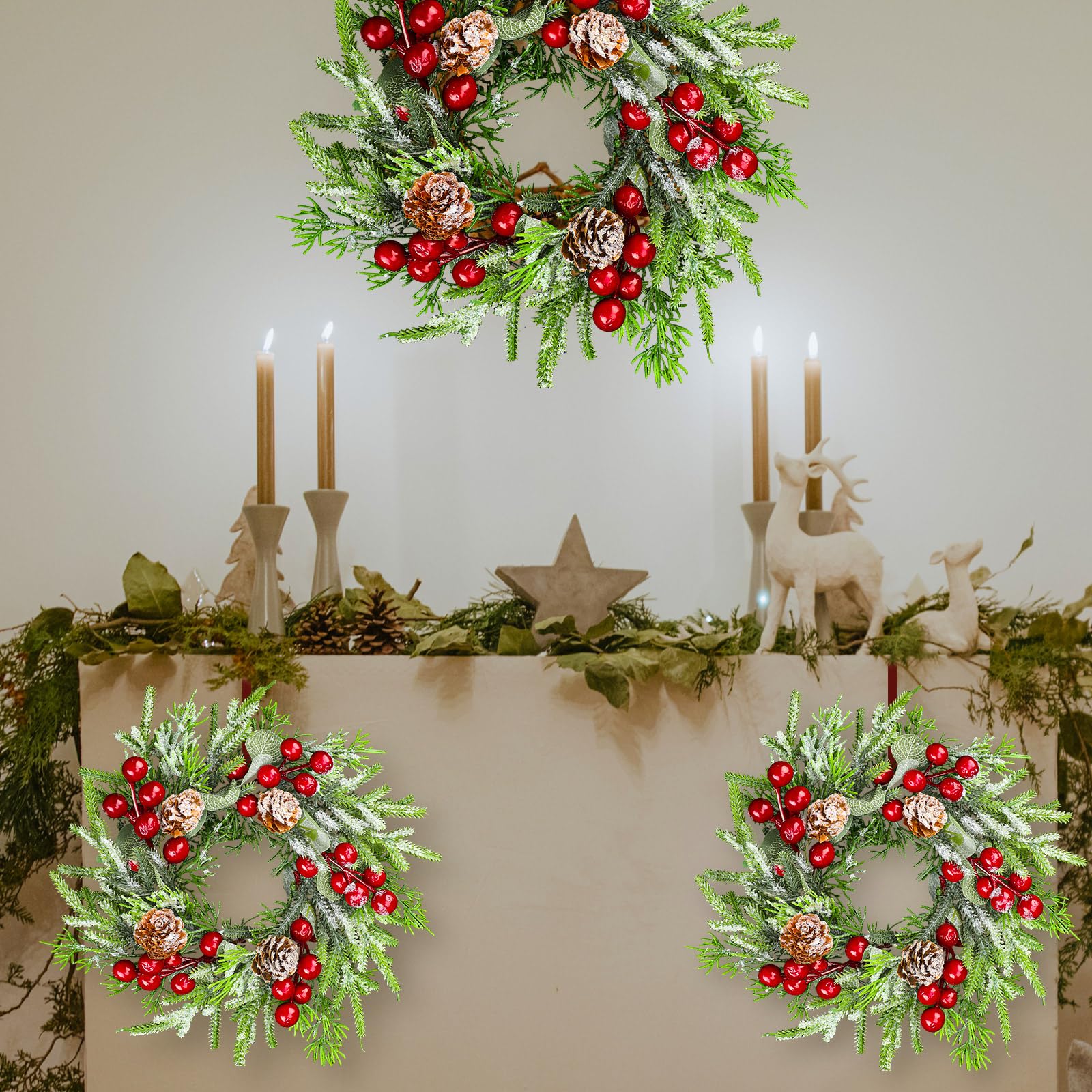 Lyrow 24 Pcs Christmas Candle Rings - Norfolk Pine Garland with Red Berries & Pinecones, Artificial Snowy Wreath for Candle Holders - Perfect for Christmas Decor, Wedding Centerpieces, and Holiday Table Decorations