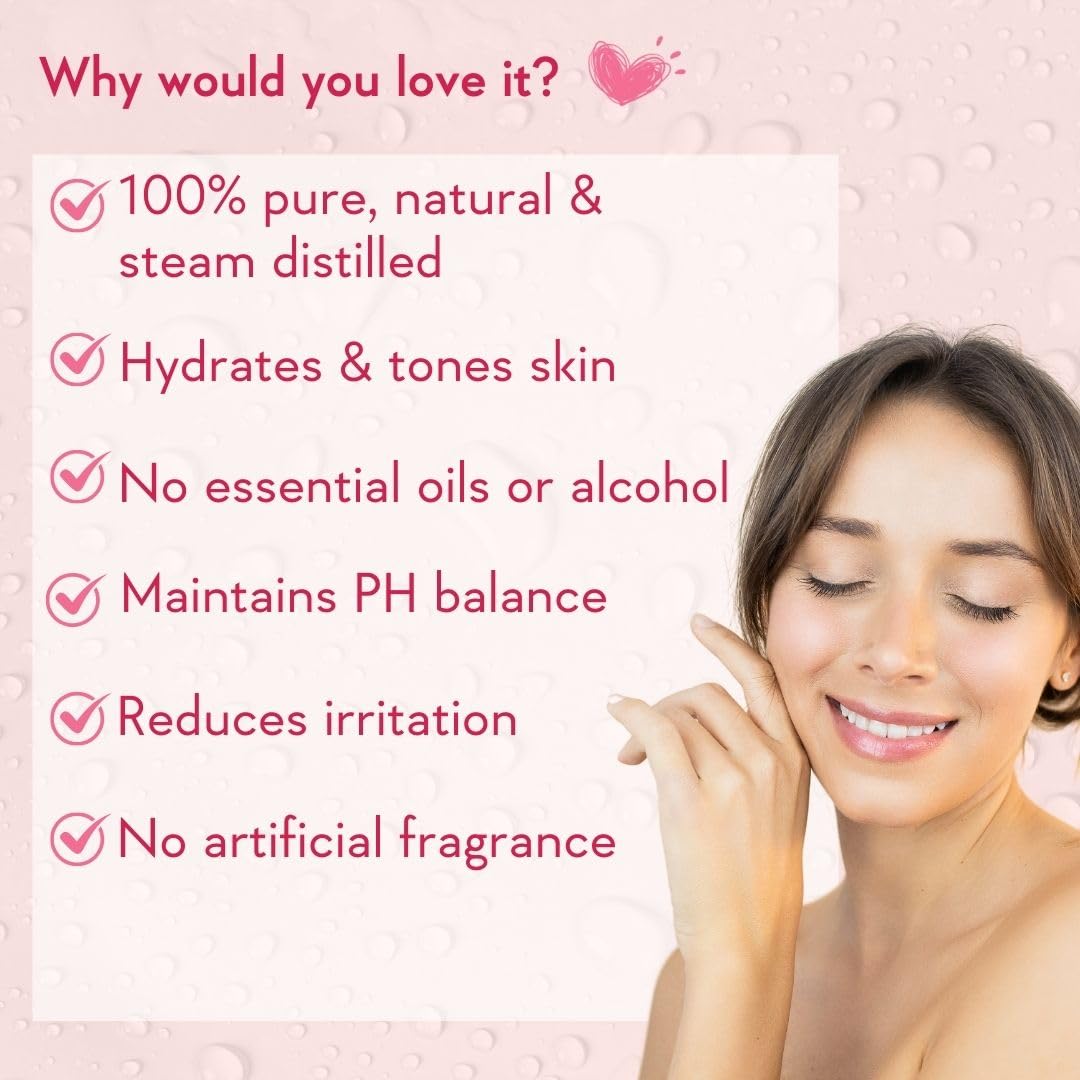WishCare 100% Pure Natural Rose Water Spray - Steam Distilled Kannauj Gulab Jal for Face, Skin & Hair Care - Alcohol-Free, Paraben-Free Toner (200ml) - Perfect for Daily Hydration, Makeup Setting & After-Sun Soothing