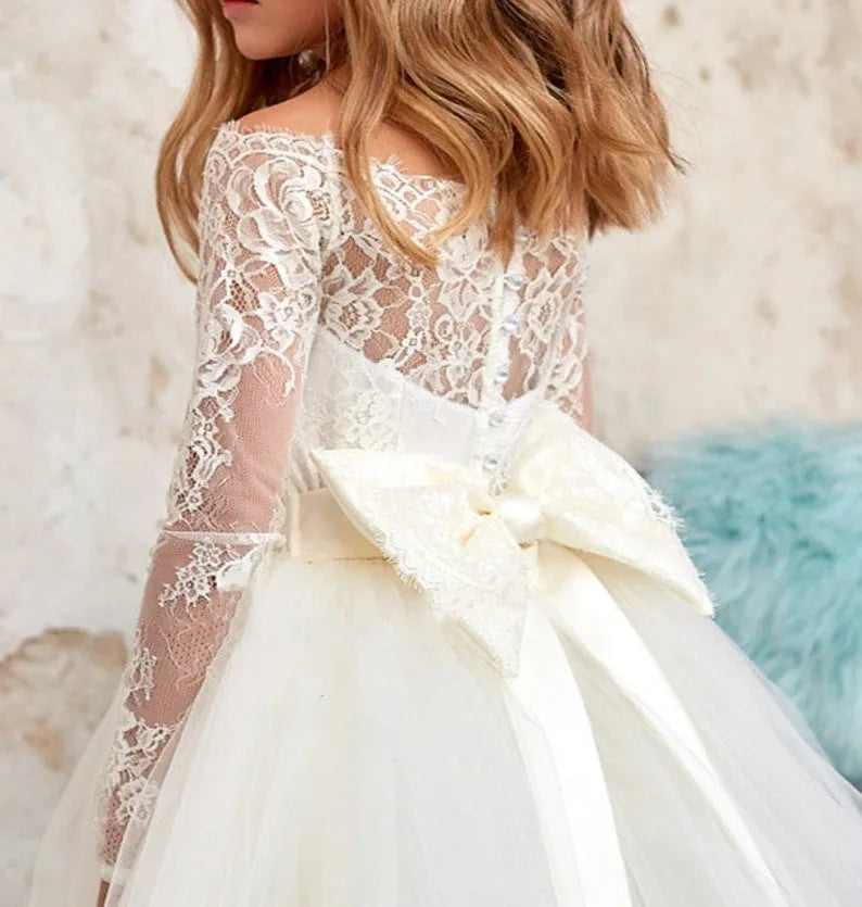 Elegant Full Sleeves Flower Girl Dress for First Communion - Perfect for Weddings, Baptisms & Special Occasions