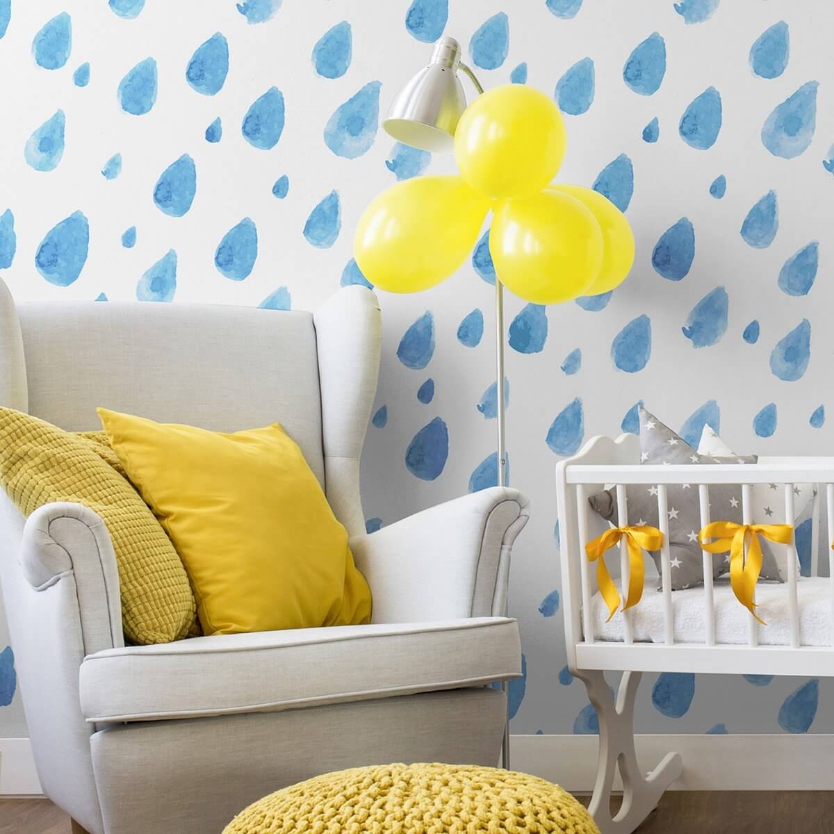 White and Blue Rain Baby Peel and Stick Removable Wallpaper 9805 - Waterproof Nursery Decor for Kids Room, Bedroom & Playroom