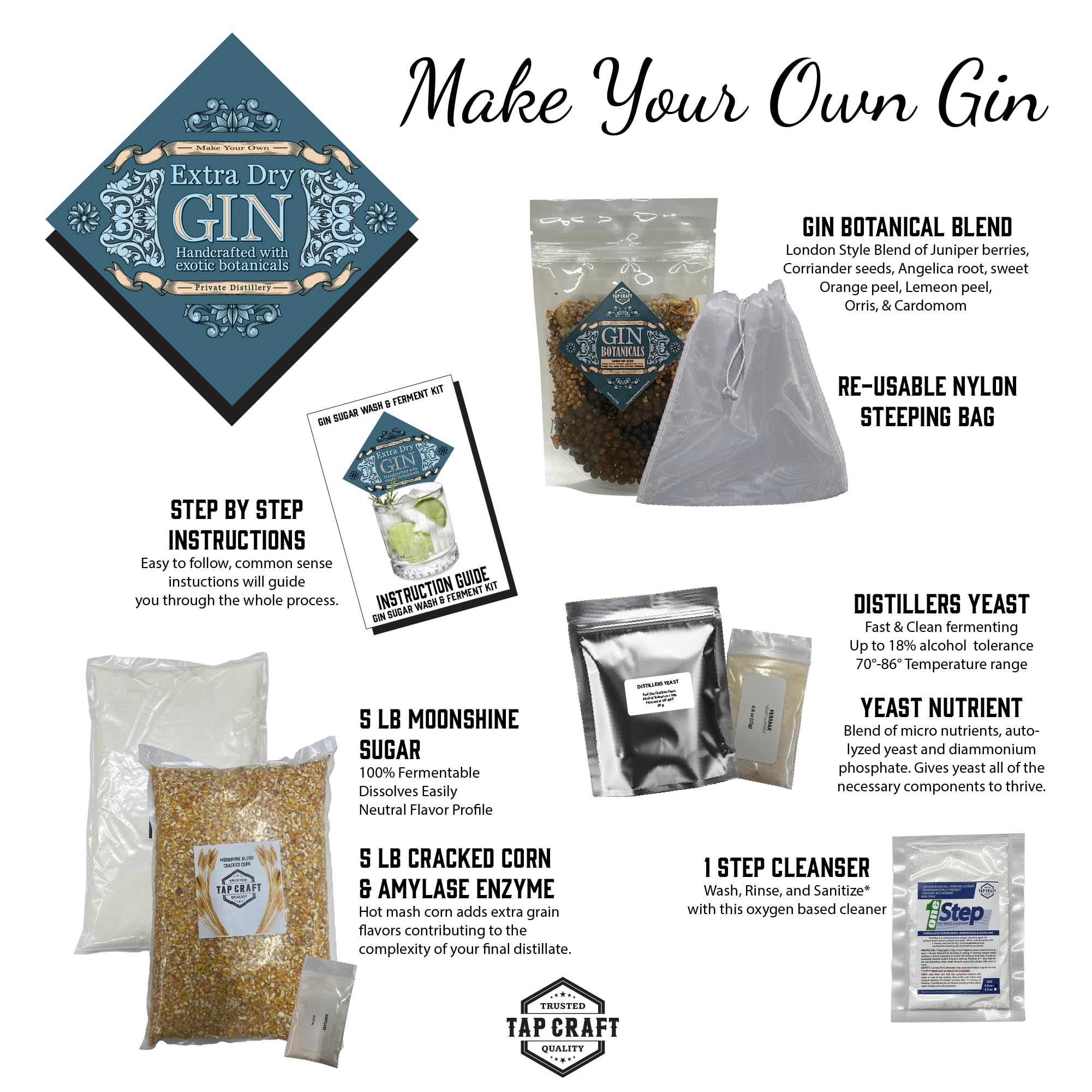 Tapcraft DIY Gin Recipe Mash Kit - Make Your Own Gin at Home - Premium Home Distilling Supplies - Perfect Gift for Men, Dad & Cocktail Enthusiasts - Great for Home Bars, Parties & Special Occasions
