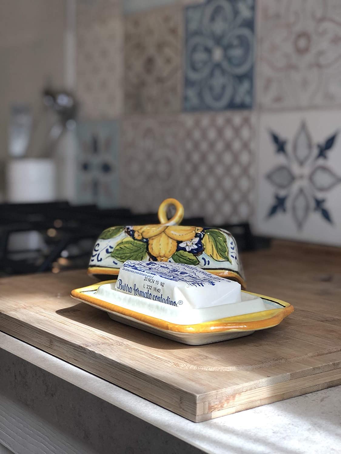 Hand-Painted Italian Ceramic Butter Dish with Three Lemons Design - Tuscan Art Pottery by CERAMICHE D'ARTE PARRINI - Made in Italy | Perfect for Kitchen Decor, Gift Giving & Rustic Table Settings