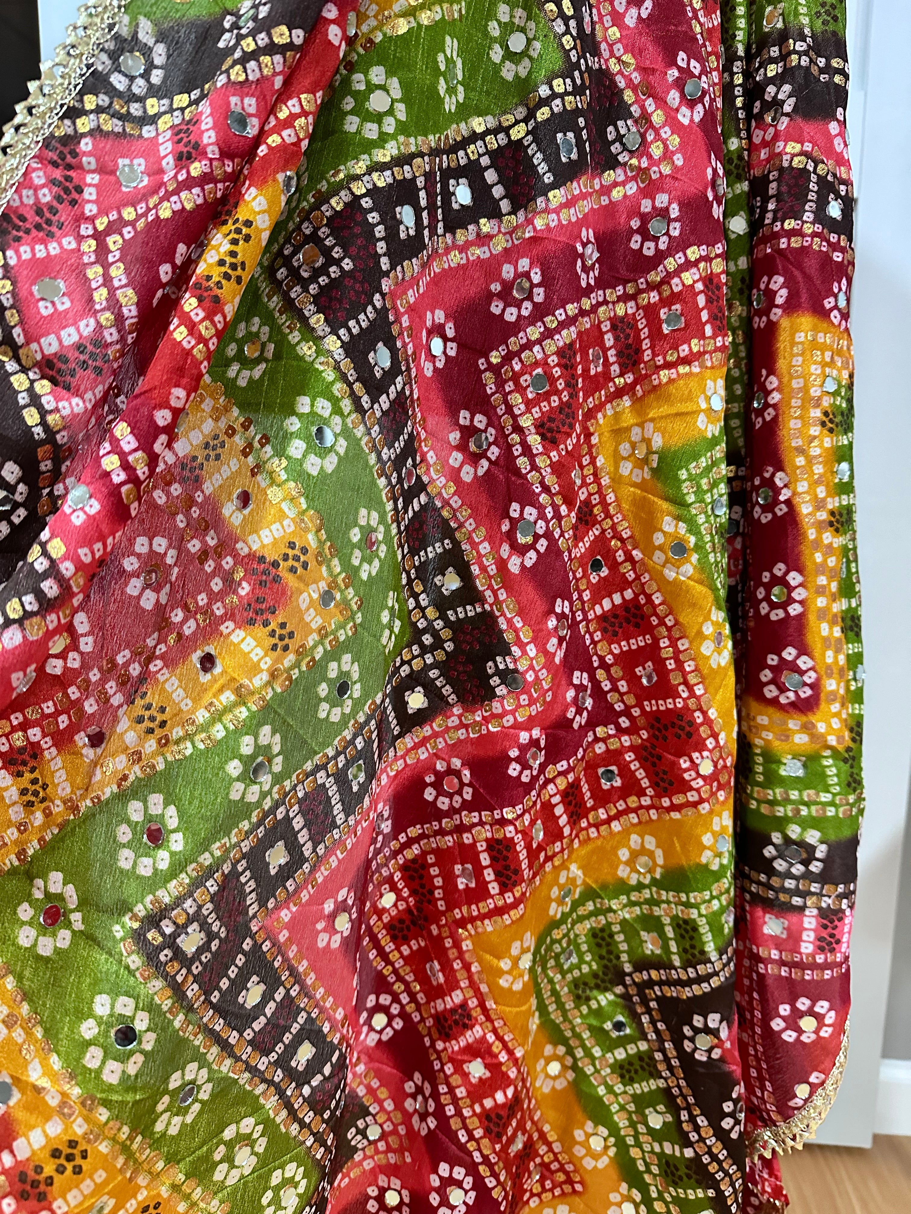 Phulkari Style Bandhini Print Dupatta Scarf - Elegant Indian Traditional Shawl for Women, Perfect for Weddings, Festivals & Ethnic Outfits