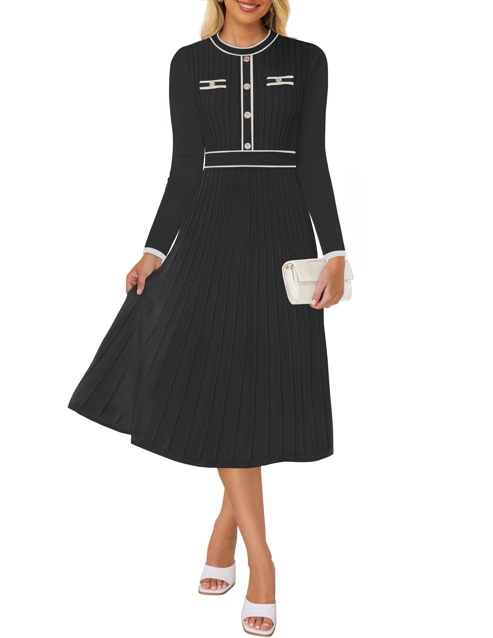ZESICA Women's 2024 Fall Pleated Sweater Dress - Long Sleeve Crewneck Ribbed Knit Midi Dress for Work, Date Night & Holiday Parties | Casual & Elegant Outfit