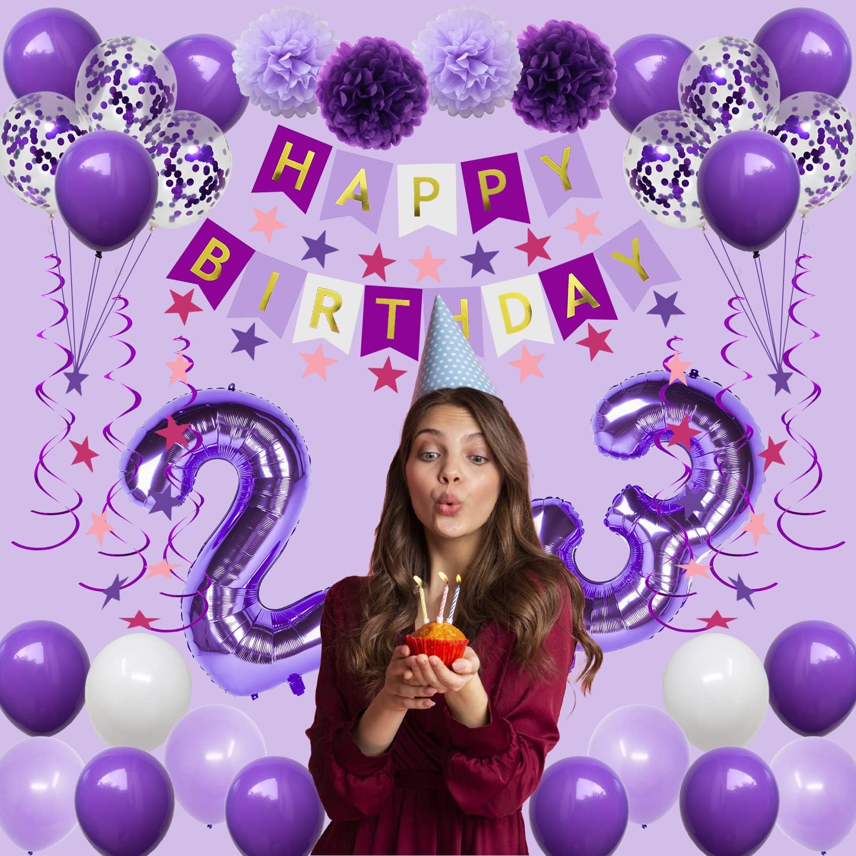 23rd Birthday Party Decorations - Purple Happy Birthday Banner, Number 23 Balloons, Star Streamers & Hanging Swirls for Women, Men, Girls & Boys | Perfect for Home, Office or Venue Celebration