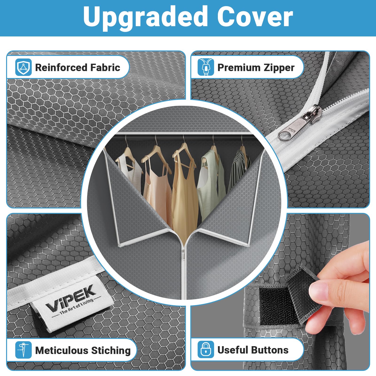 VIPEK R1C Plus Heavy Duty Rolling Garment Rack with Locking Wheels, Adjustable Shelves & Side Hooks - Portable Closet Organizer for Clothes, Shoes & Accessories (Black Frame with Grey Polyester Cover) - Perfect for Home, Retail Stores, Laundry Rooms & Closet Organization