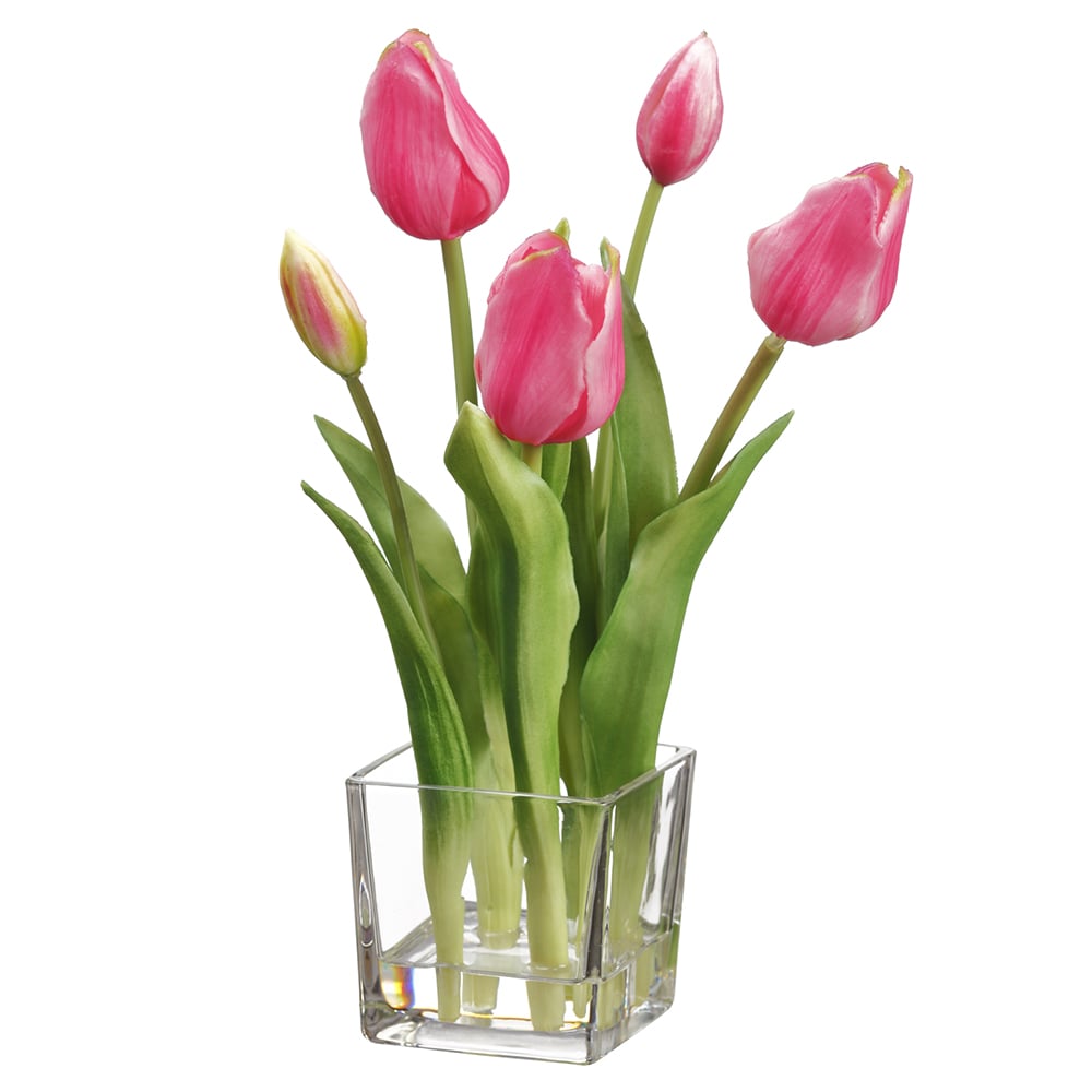 12 Pack Pink Faux Tulip Flowers with Glass Vase - Artificial Silk Tulip Bouquet for Home Decor, Wedding Centerpieces, Office Desk, Spring Table Decorations