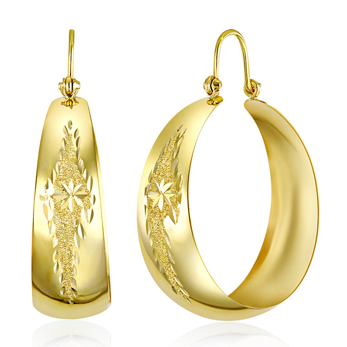 14k Yellow Gold Polished Etched Bangle Hoop Earrings for Women - 30mm Diameter Elegant Jewelry Gift for Birthday, Anniversary & Special Occasions